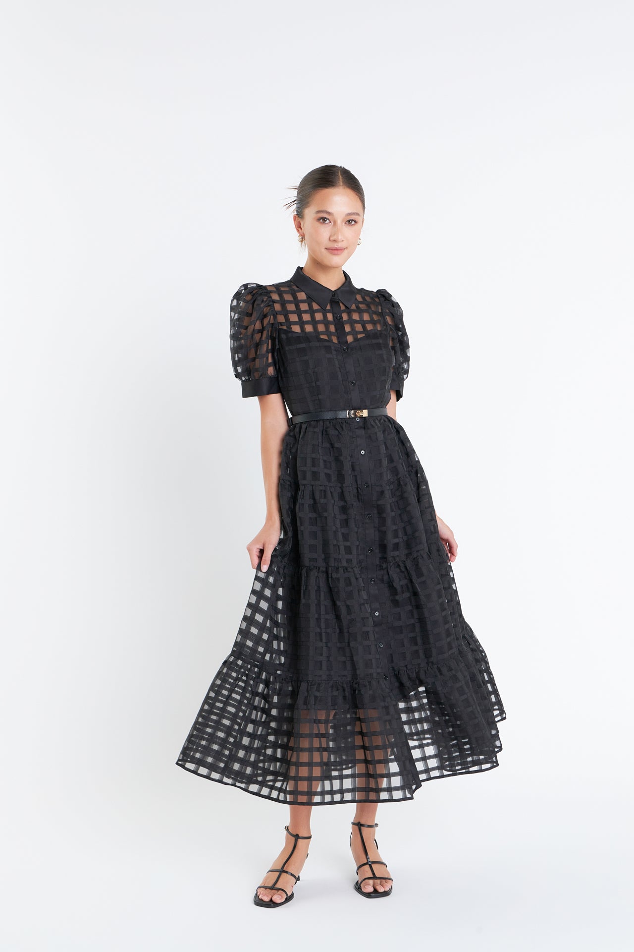 Gridded Organza Tiered Maxi Dress