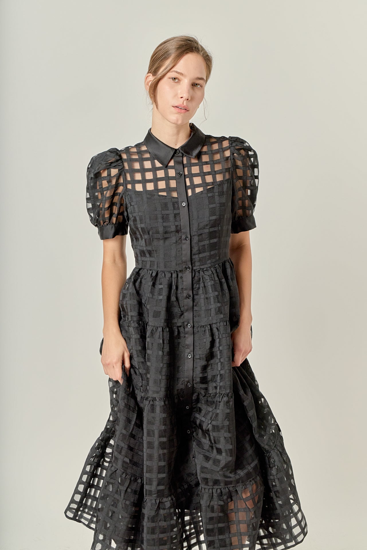 ENGLISH FACTORY - Gridded Organza Tiered Maxi Dress - DRESSES available at Objectrare
