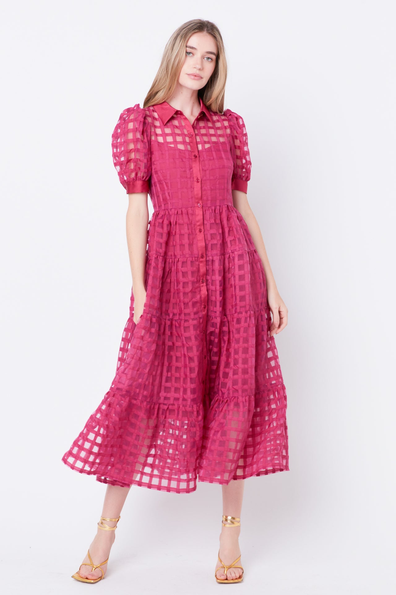 Gridded Organza Tiered Maxi Dress