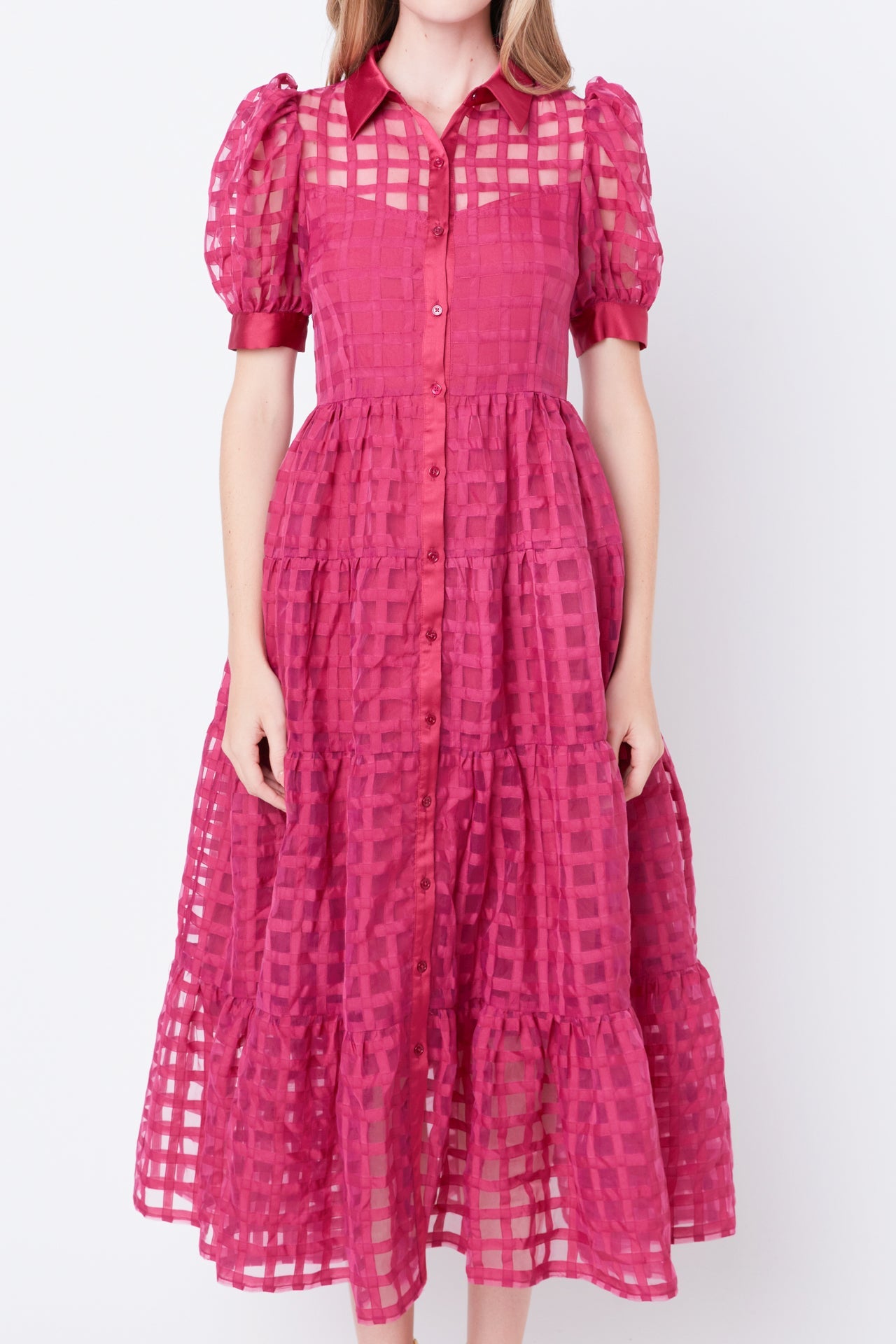 ENGLISH FACTORY - Gridded Organza Tiered Collared Maxi Dress - DRESSES available at Objectrare