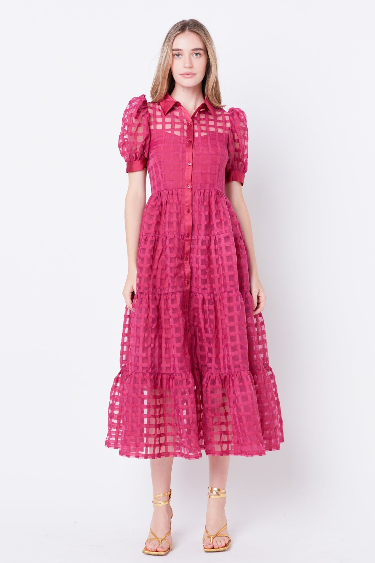 ENGLISH FACTORY - Gridded Organza Tiered Collared Maxi Dress - DRESSES available at Objectrare