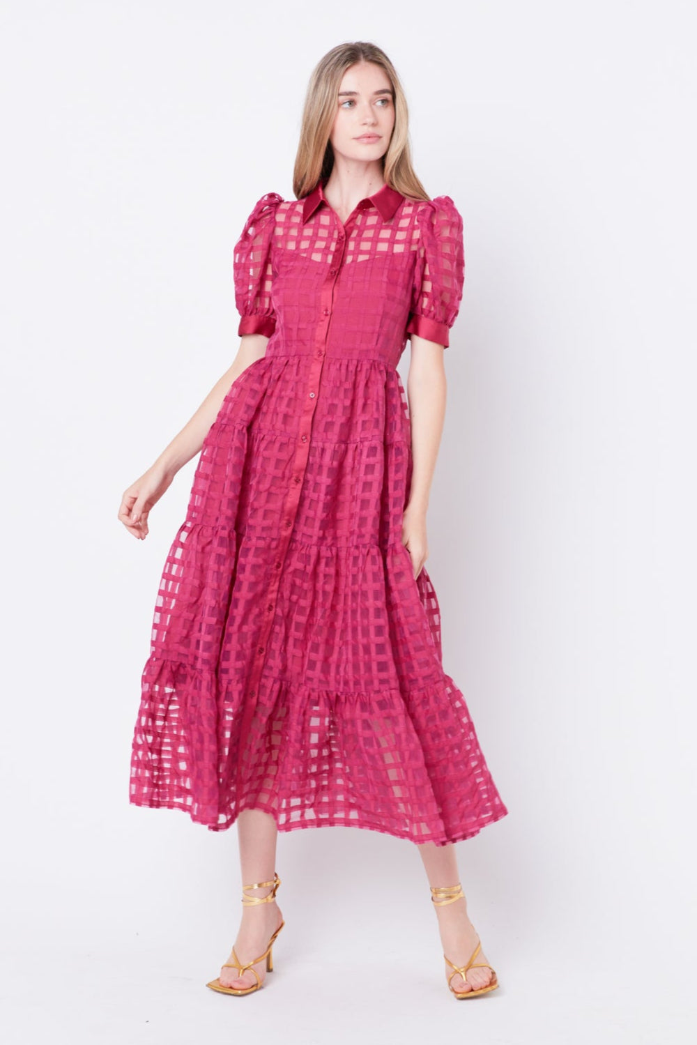 Gridded Organza Tiered Maxi Dress