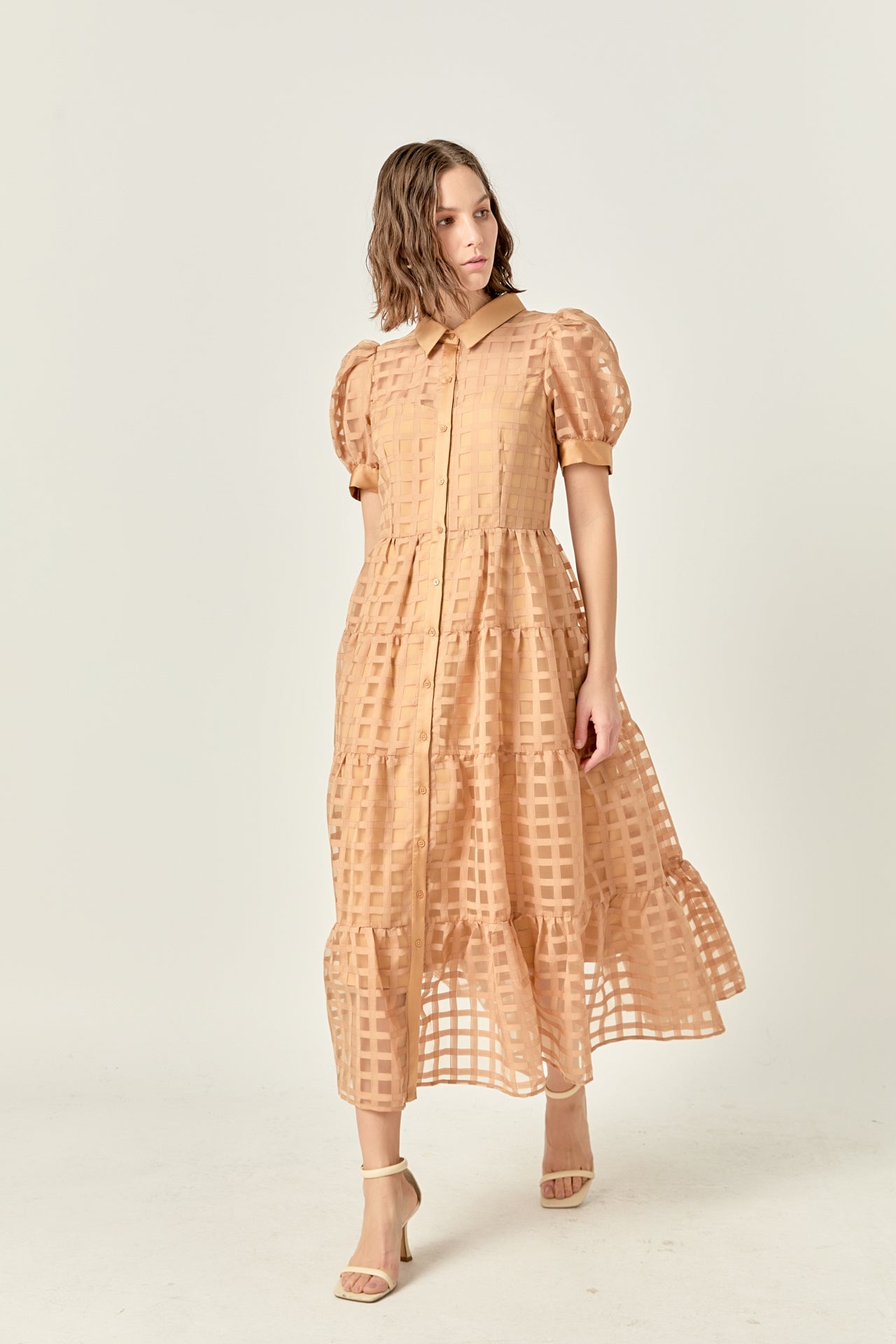 Gridded Organza Tiered Maxi Dress