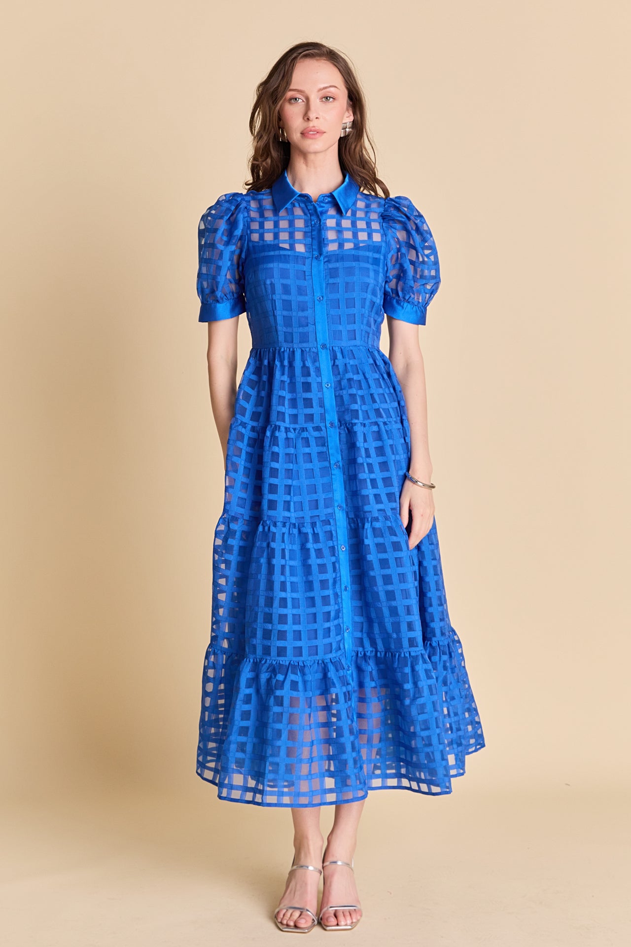 Gridded Organza Tiered Maxi Dress