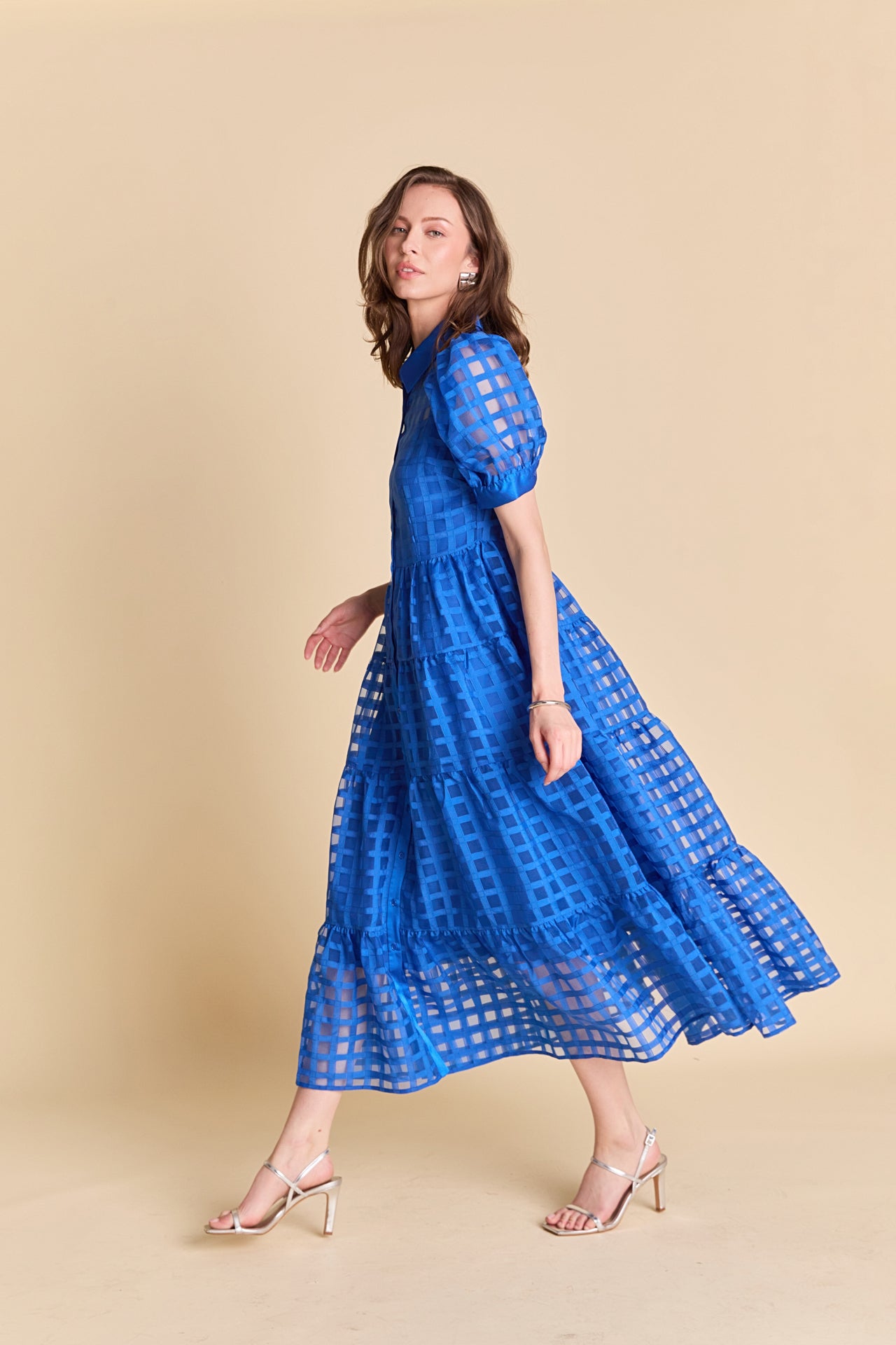 Gridded Organza Tiered Maxi Dress