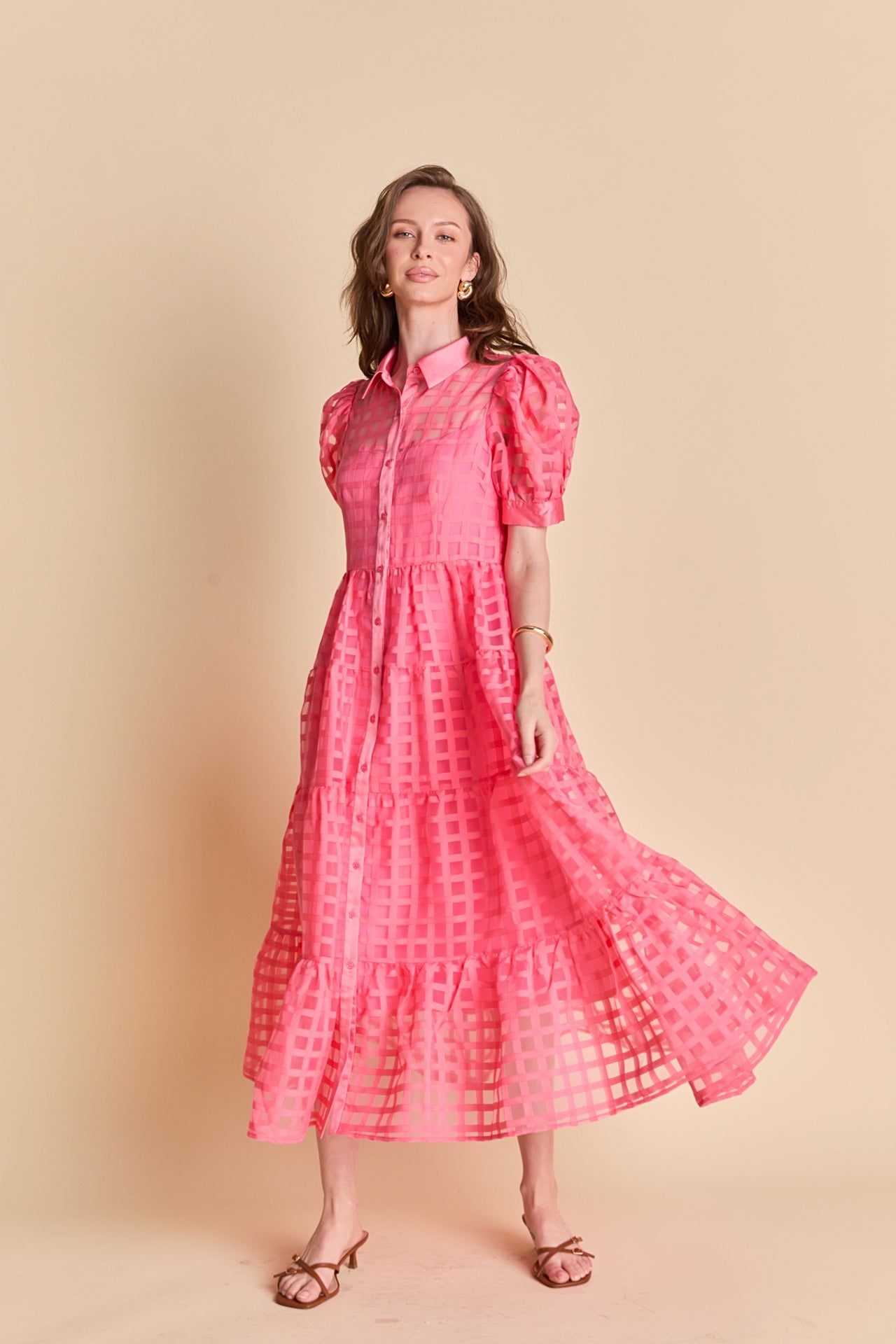 Gridded Organza Tiered Maxi Dress