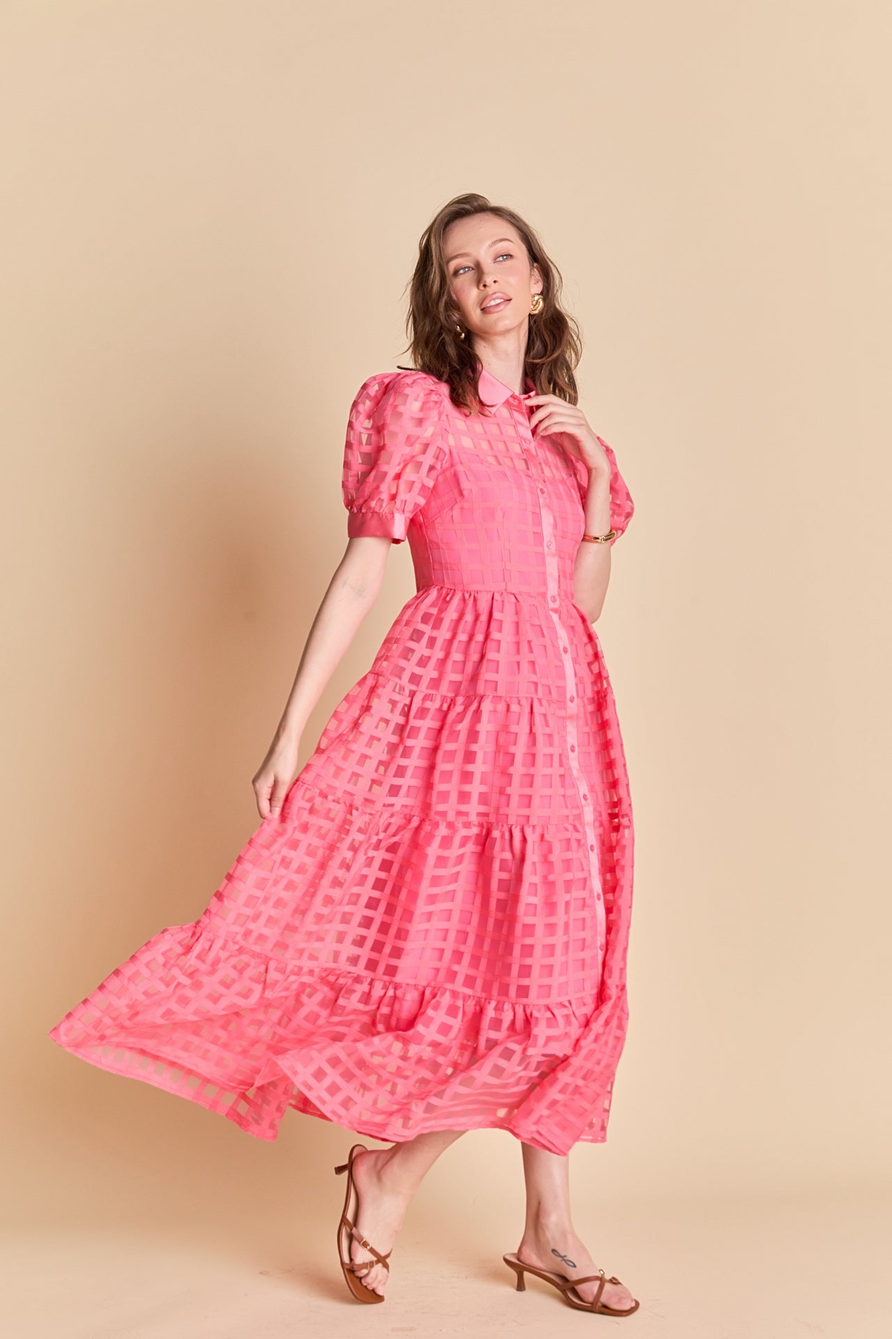 Gridded Organza Tiered Maxi Dress