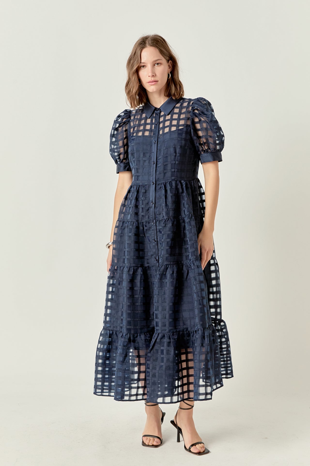 Gridded Organza Tiered Maxi Dress