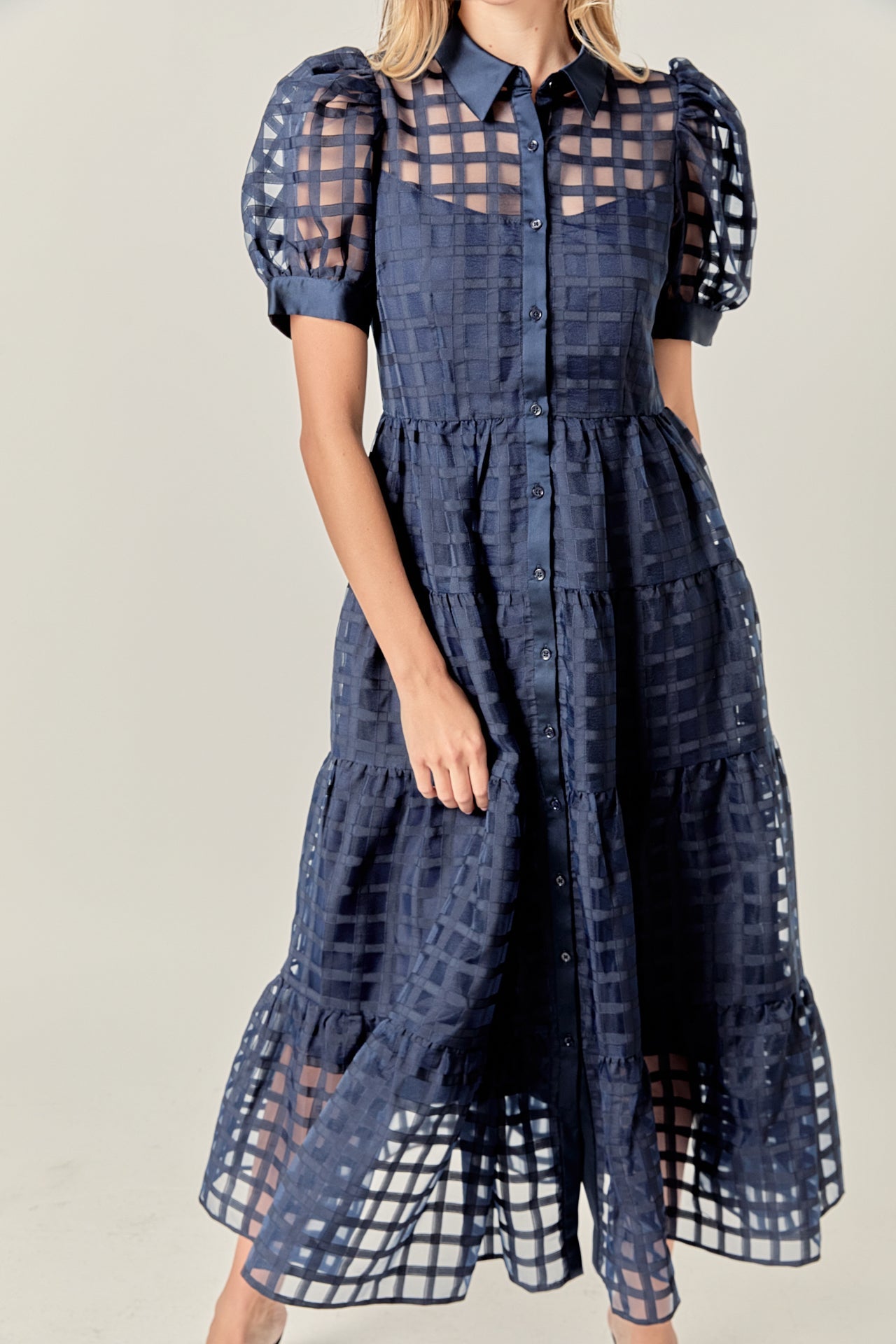ENGLISH FACTORY - Gridded Organza Tiered Collared Maxi Dress - DRESSES available at Objectrare