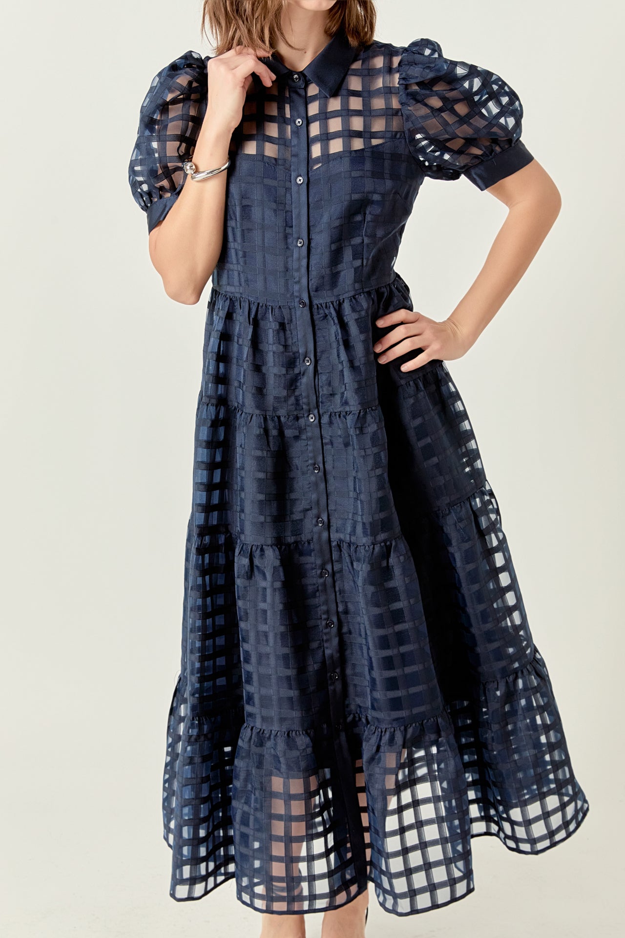 Gridded Organza Tiered Maxi Dress