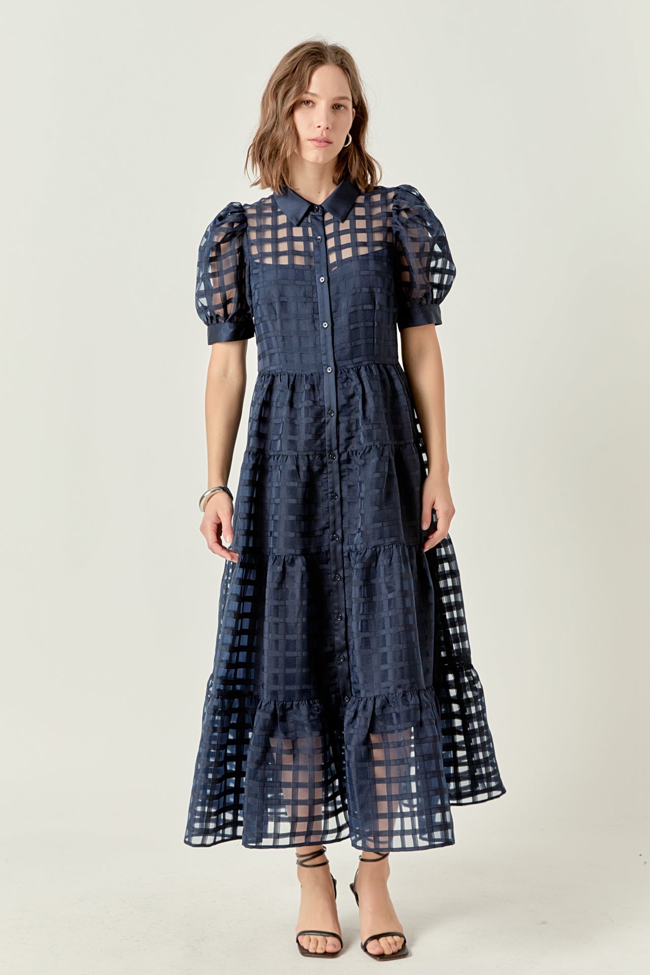 Gridded Organza Tiered Maxi Dress