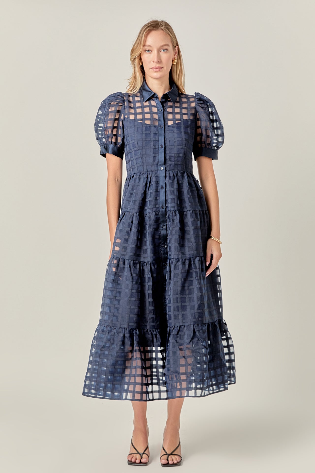 ENGLISH FACTORY - Gridded Organza Tiered Collared Maxi Dress - DRESSES available at Objectrare