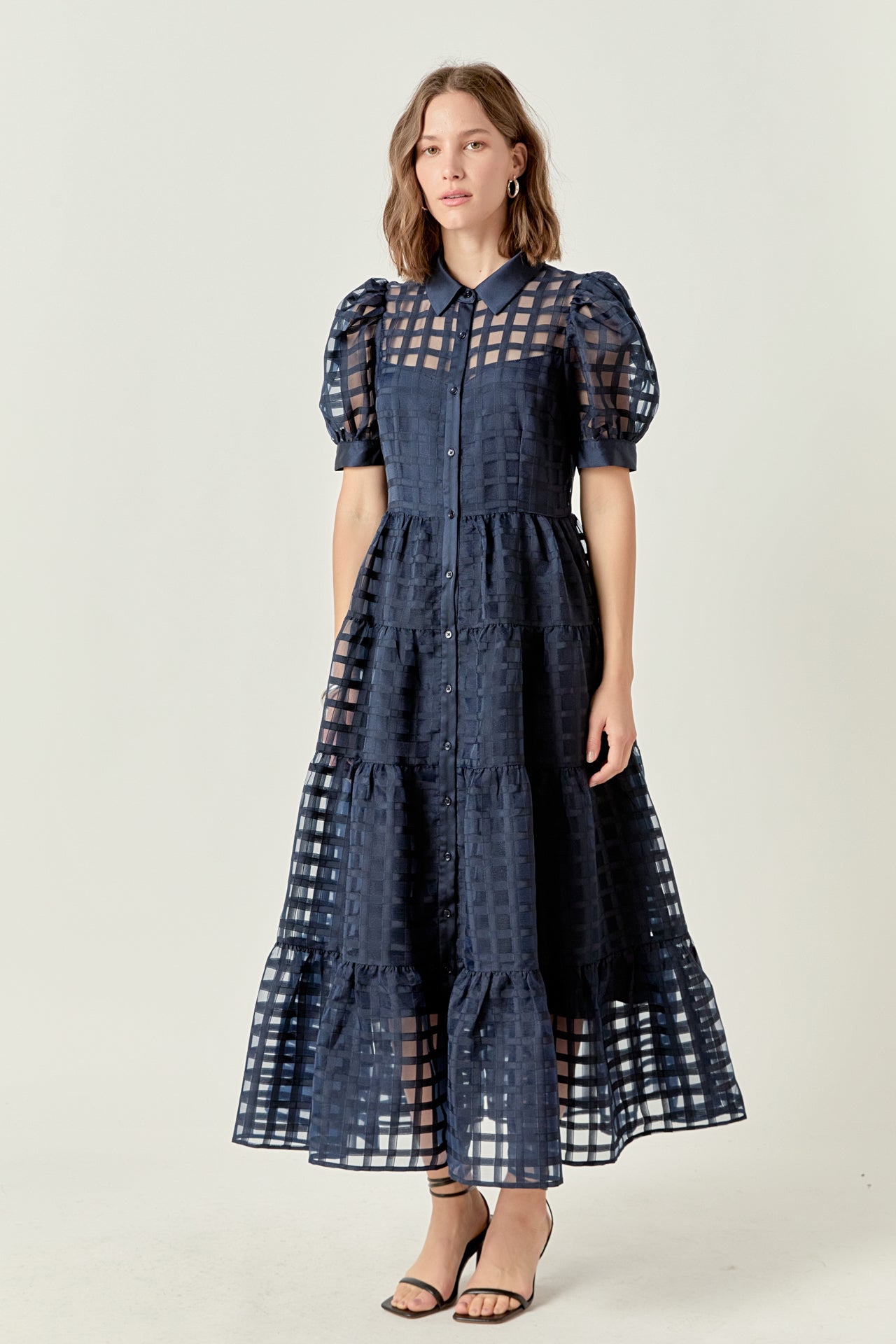 Gridded Organza Tiered Maxi Dress
