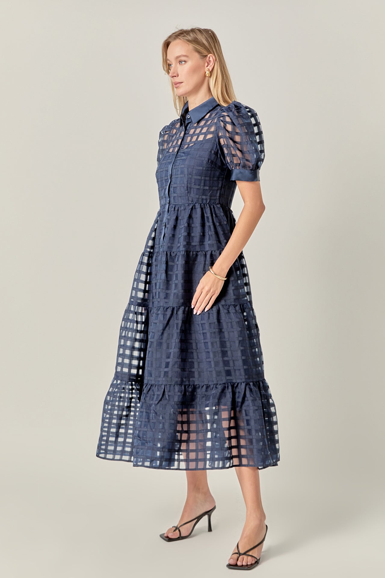 ENGLISH FACTORY - Gridded Organza Tiered Collared Maxi Dress - DRESSES available at Objectrare