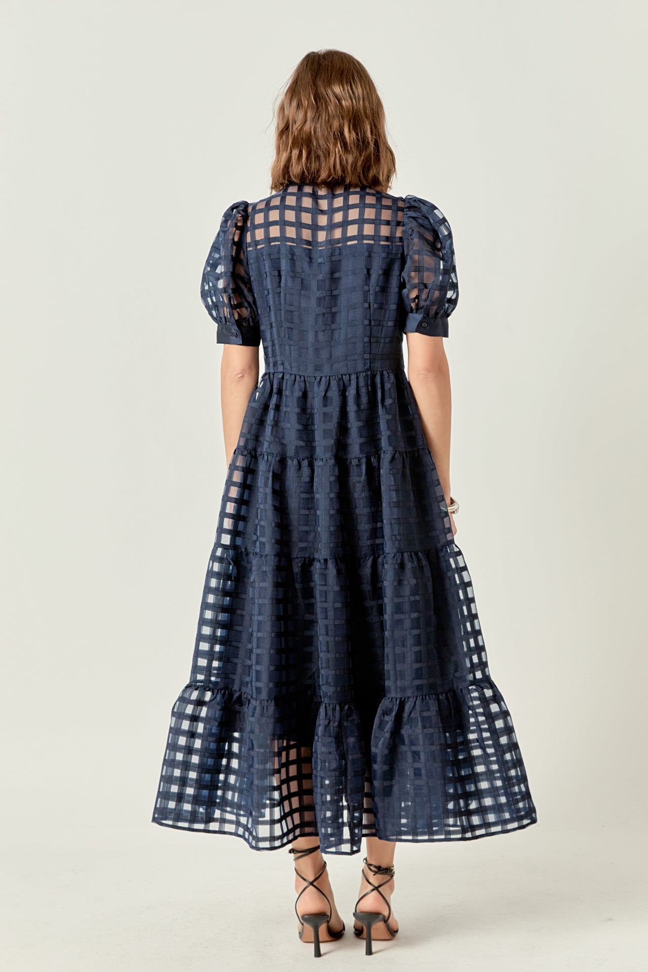 Gridded Organza Tiered Maxi Dress
