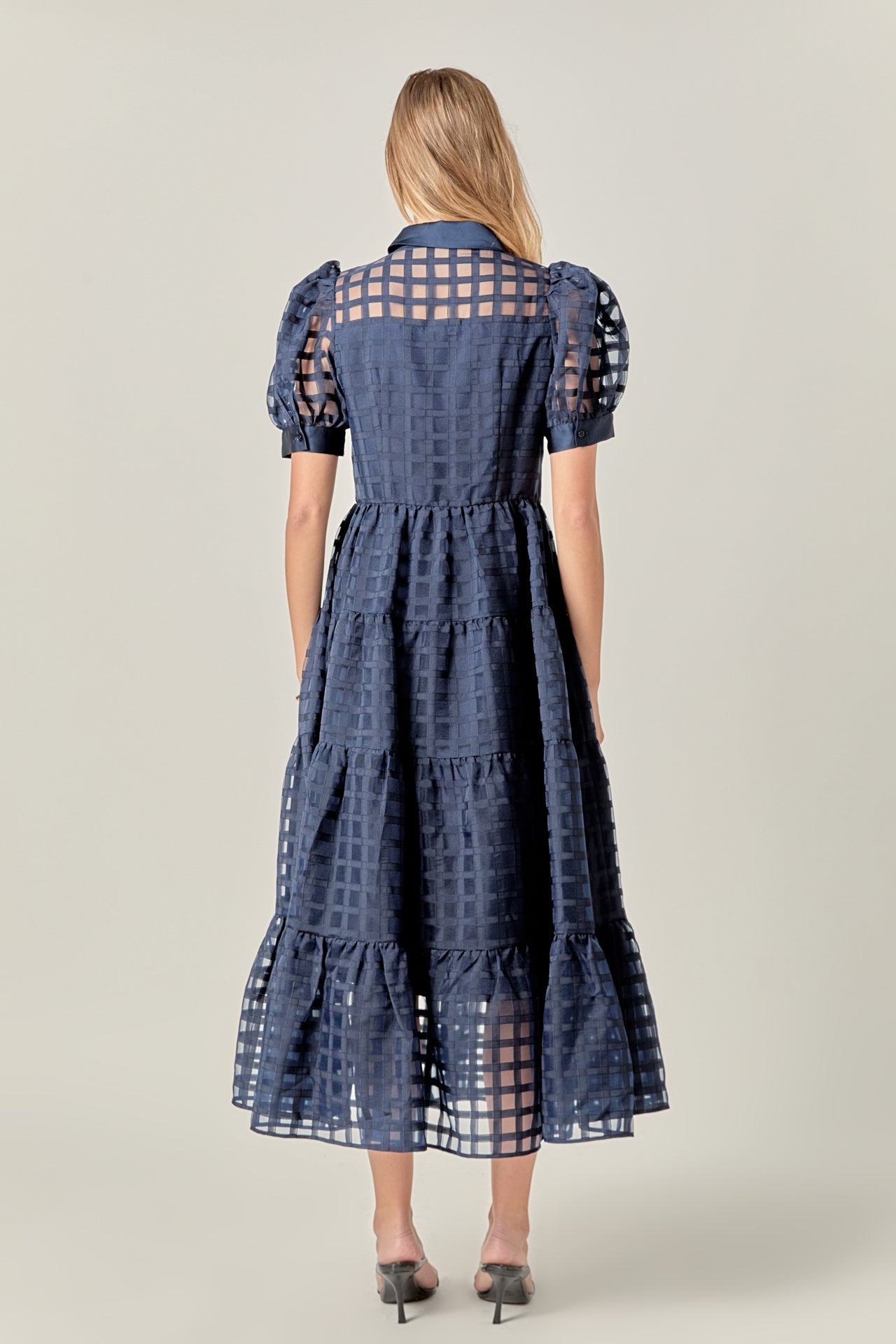 ENGLISH FACTORY - Gridded Organza Tiered Collared Maxi Dress - DRESSES available at Objectrare