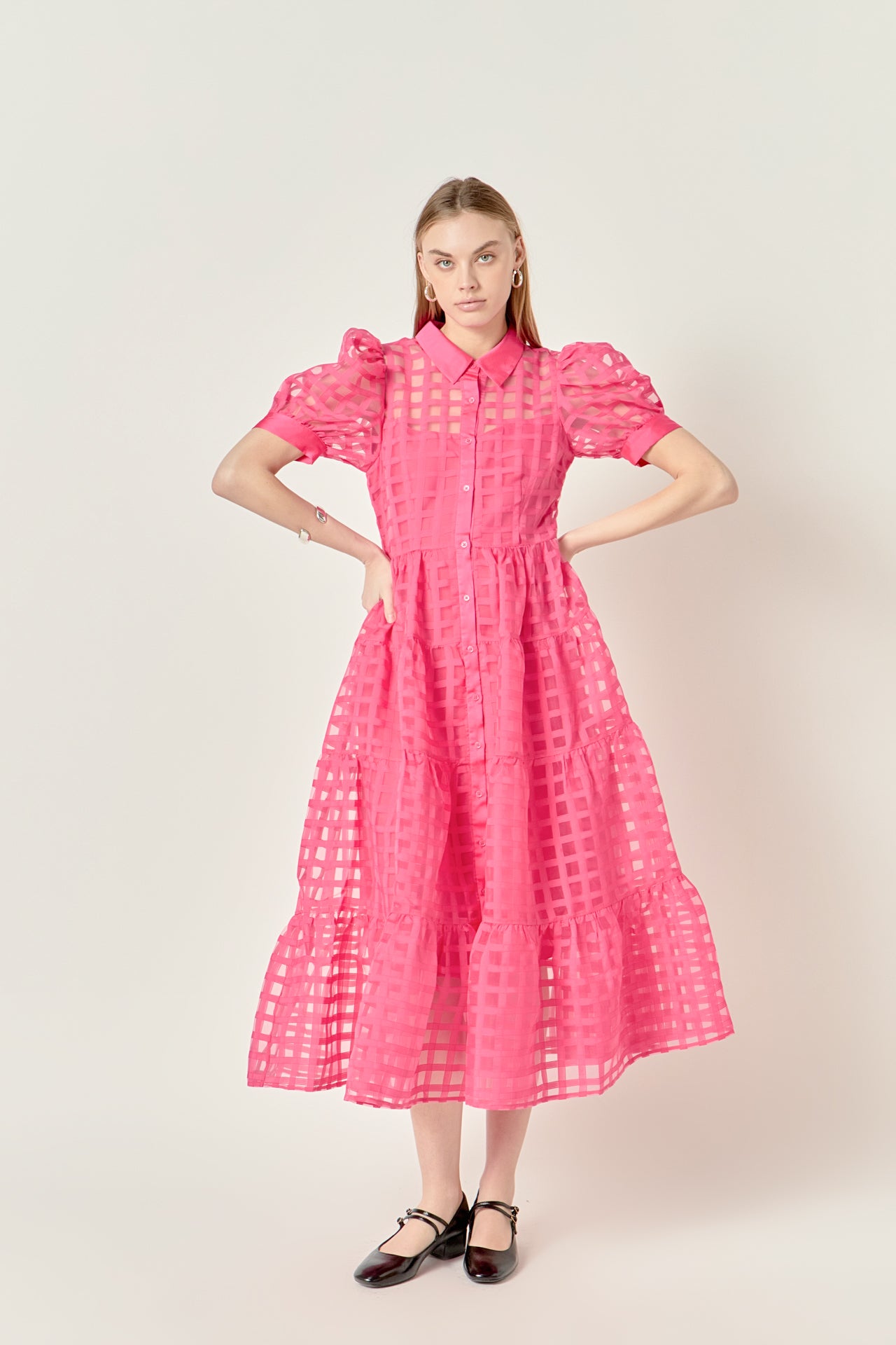 Gridded Organza Tiered Maxi Dress