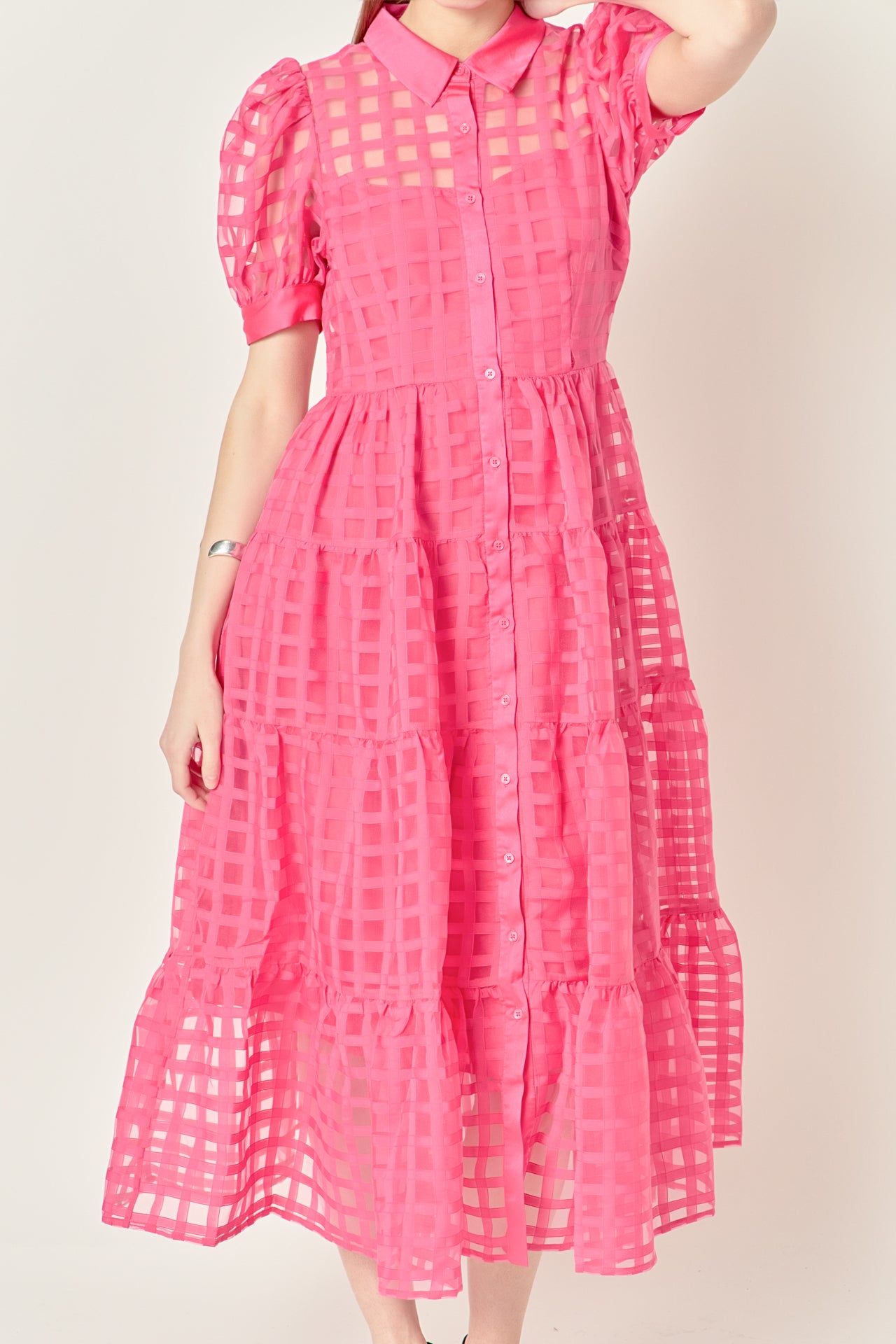 Gridded Organza Tiered Maxi Dress