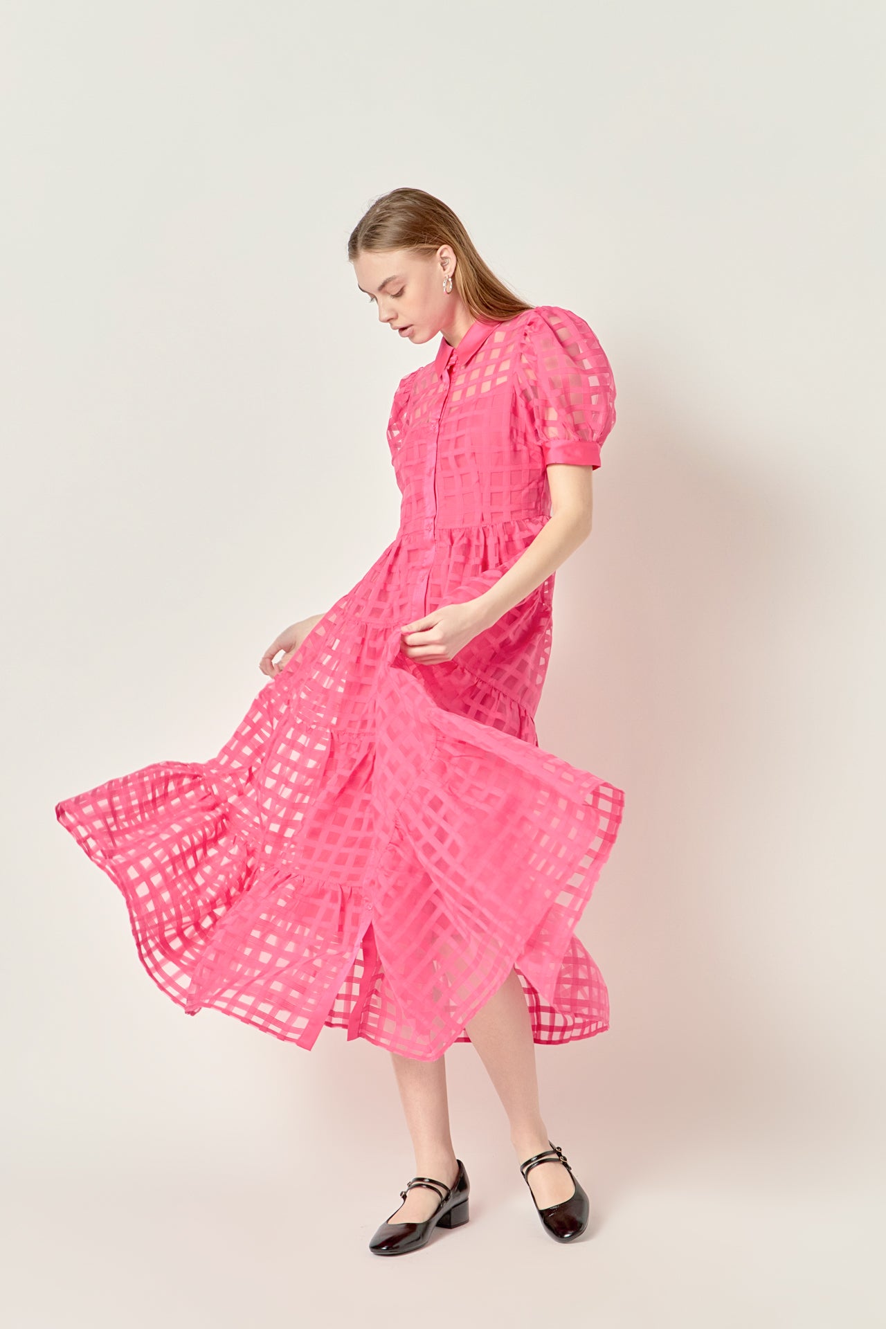 Gridded Organza Tiered Maxi Dress