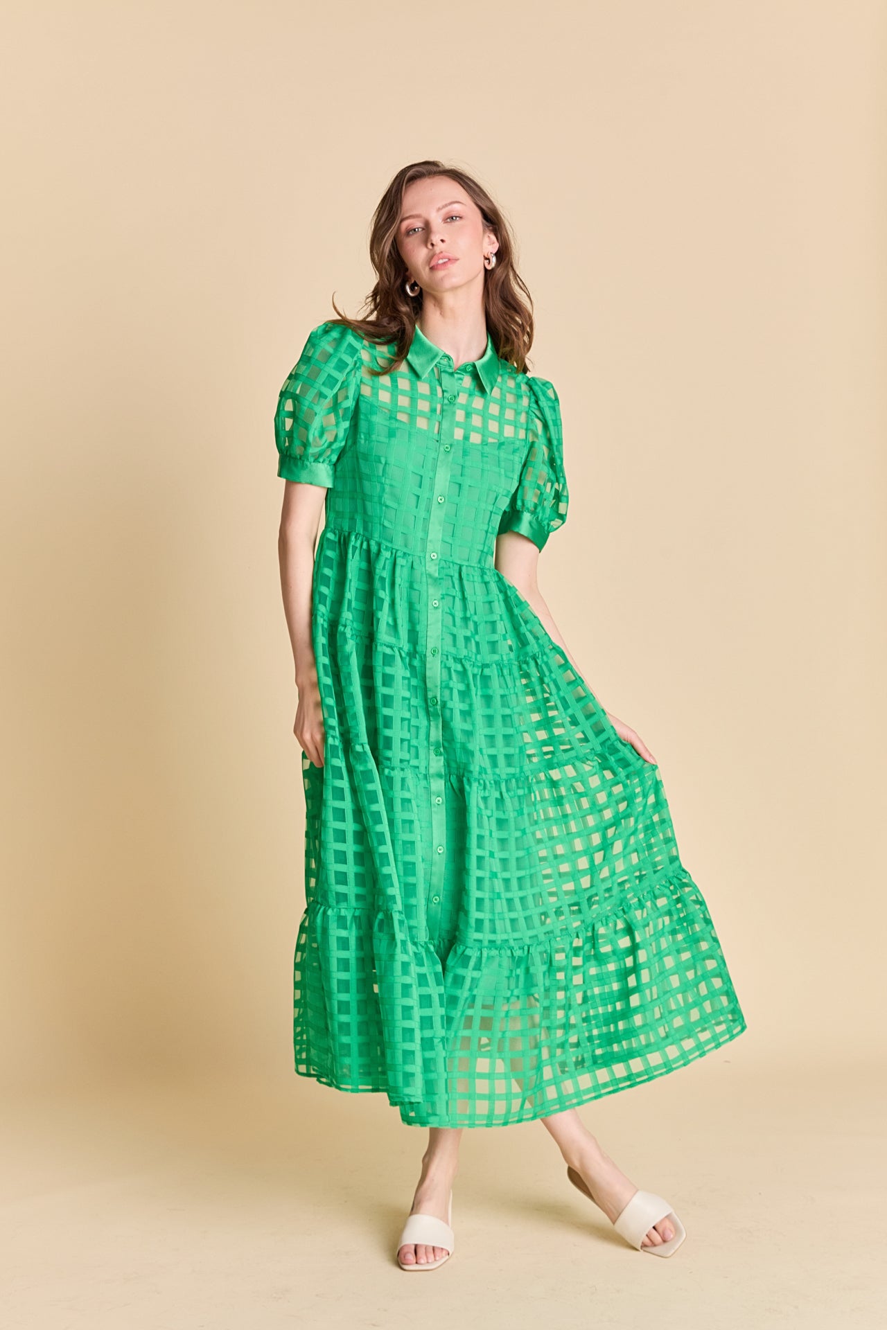 Gridded Organza Tiered Maxi Dress
