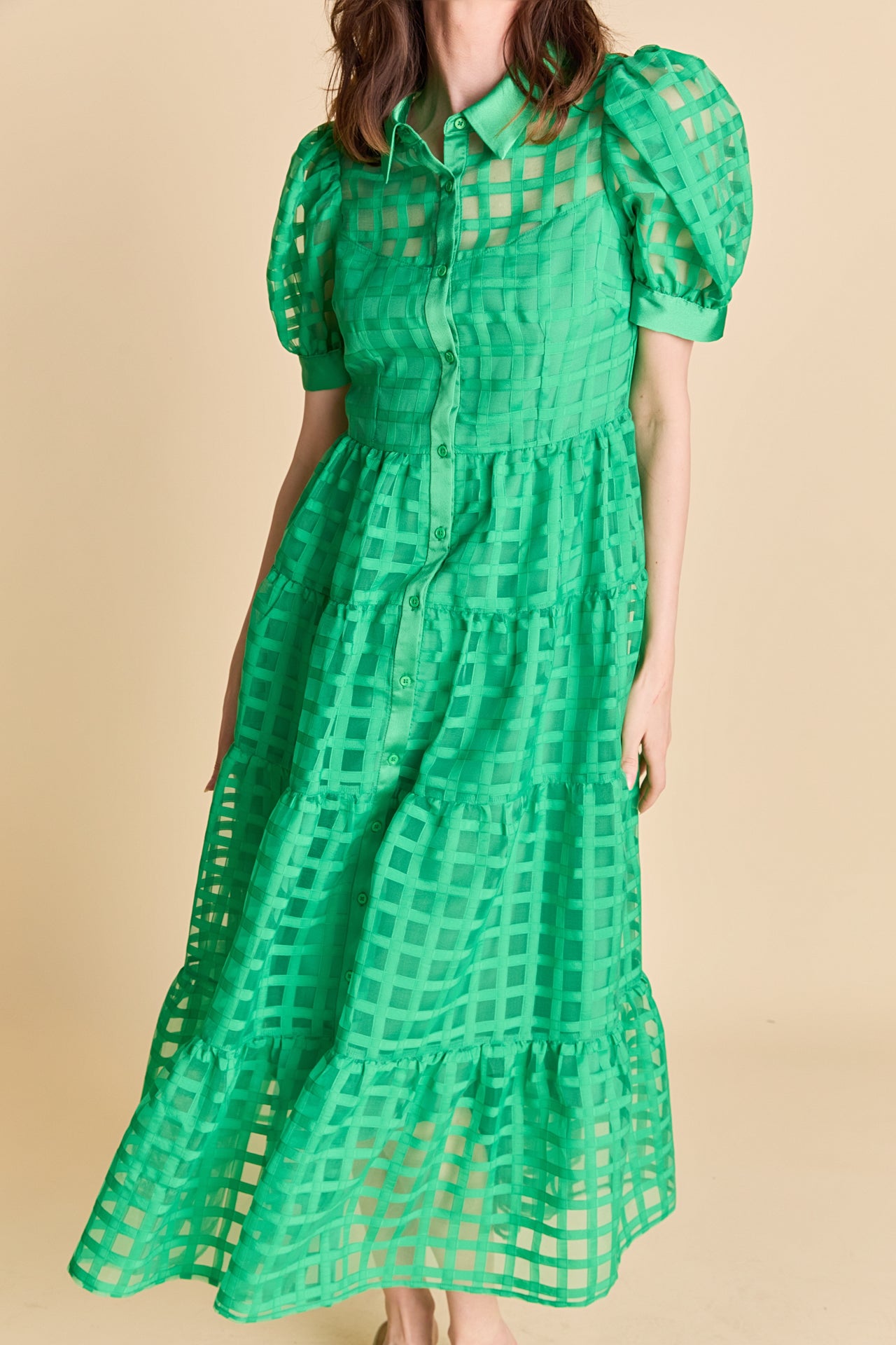 Gridded Organza Tiered Maxi Dress