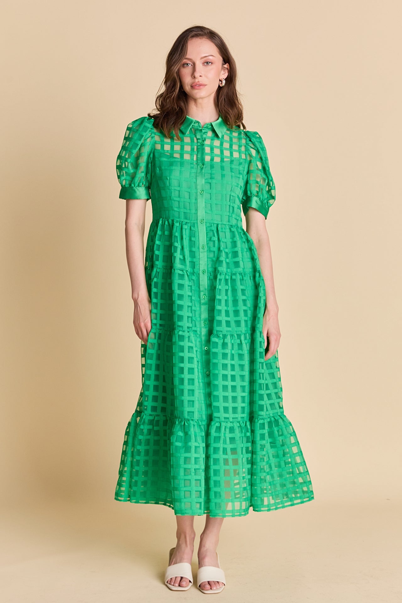 Gridded Organza Tiered Maxi Dress