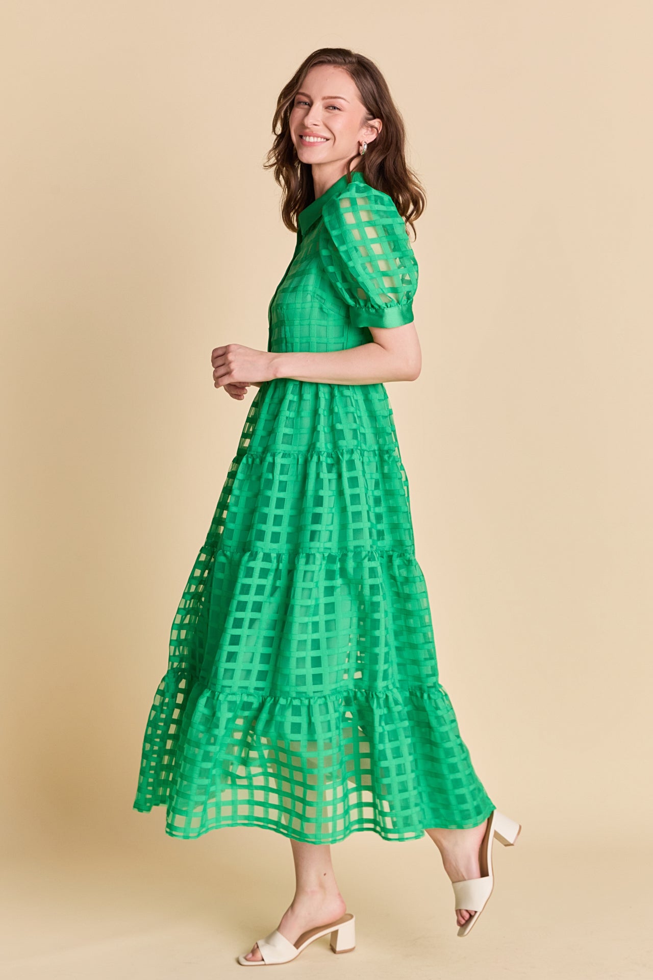 Gridded Organza Tiered Maxi Dress