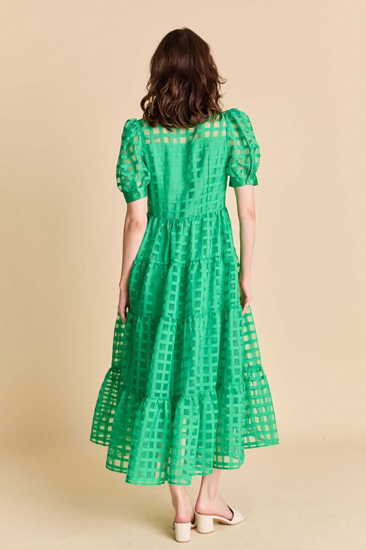Gridded Organza Tiered Maxi Dress