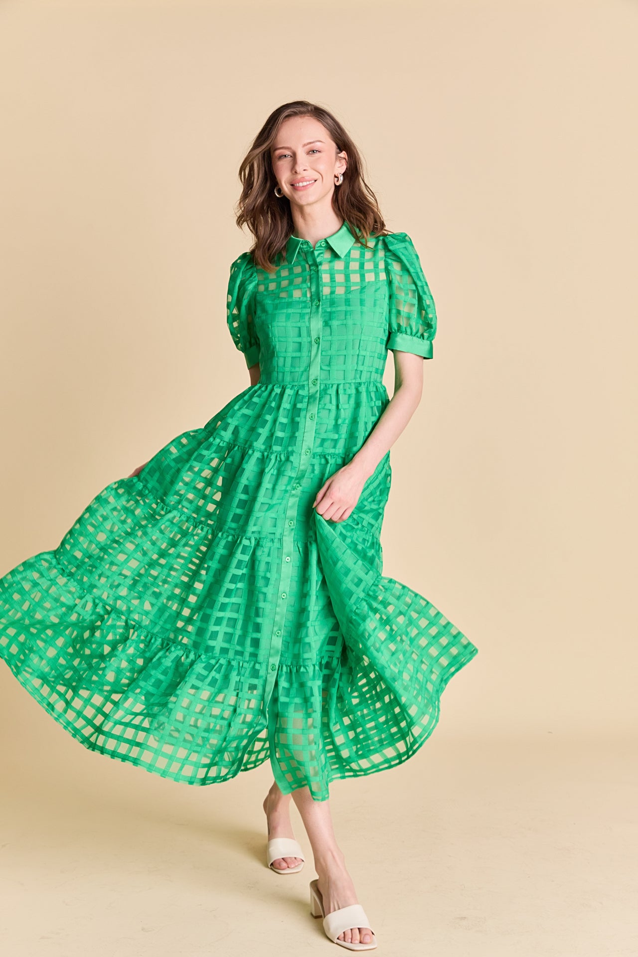 Gridded Organza Tiered Maxi Dress