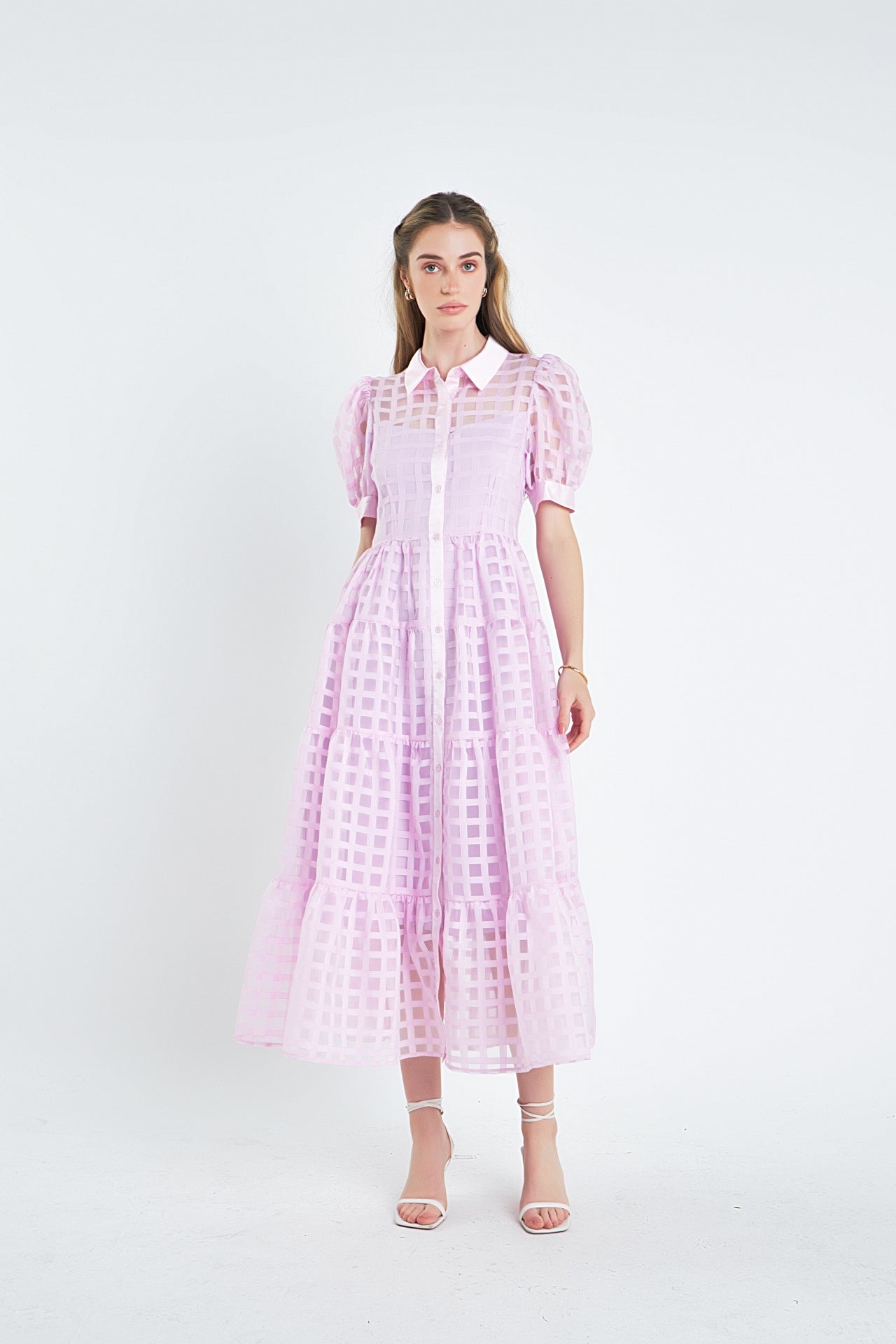 Gridded Organza Tiered Maxi Dress