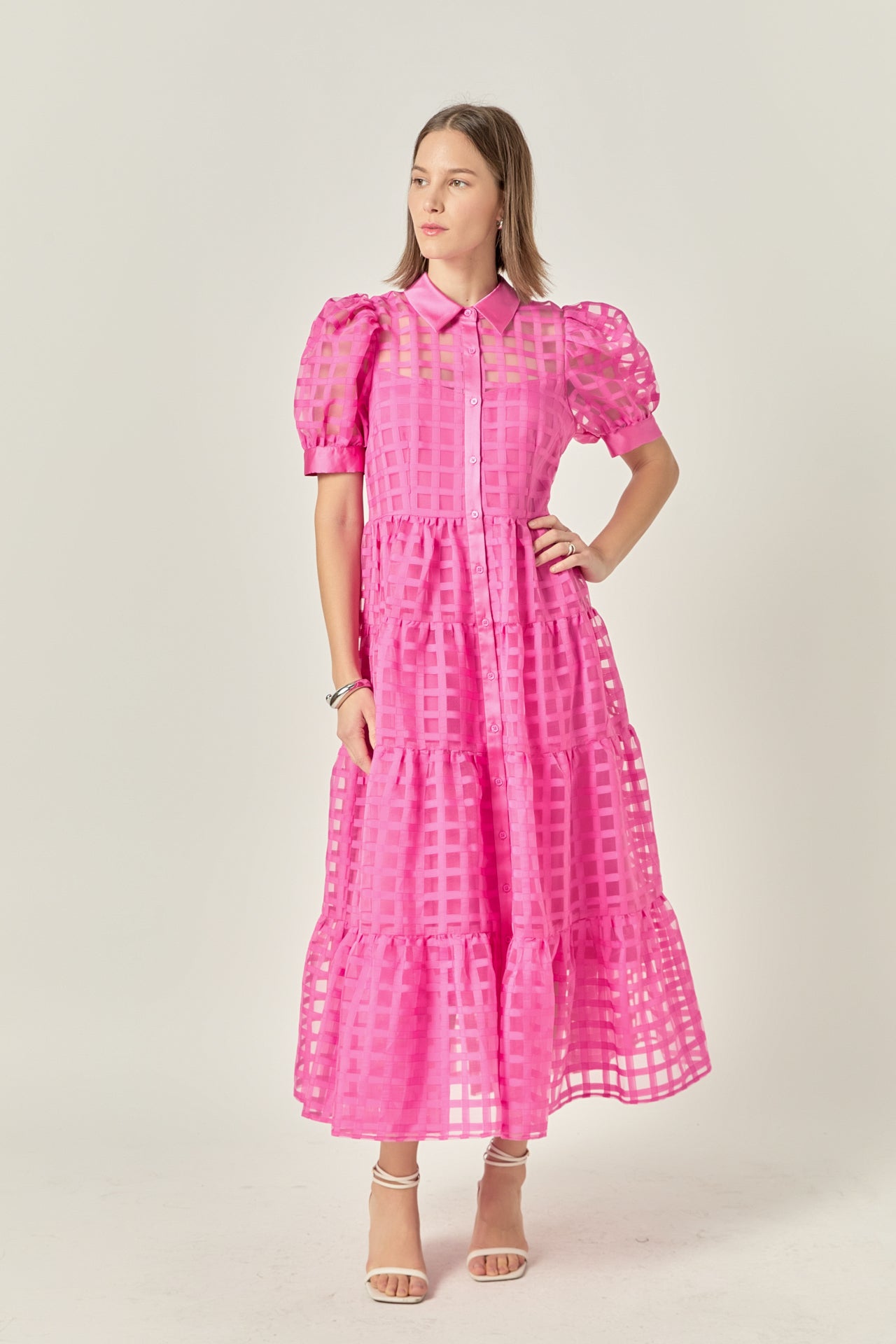 Gridded Organza Tiered Maxi Dress
