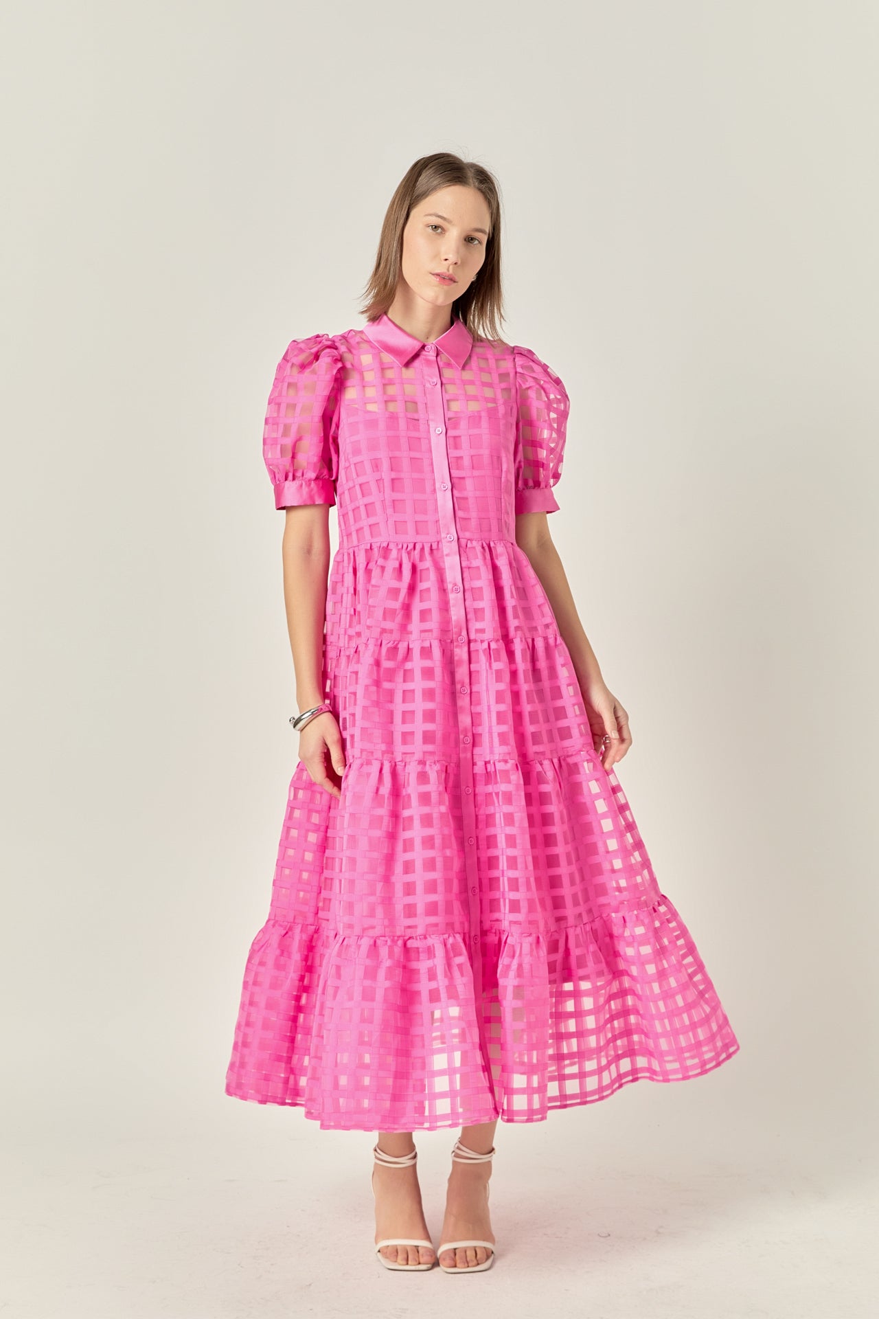 Gridded Organza Tiered Maxi Dress