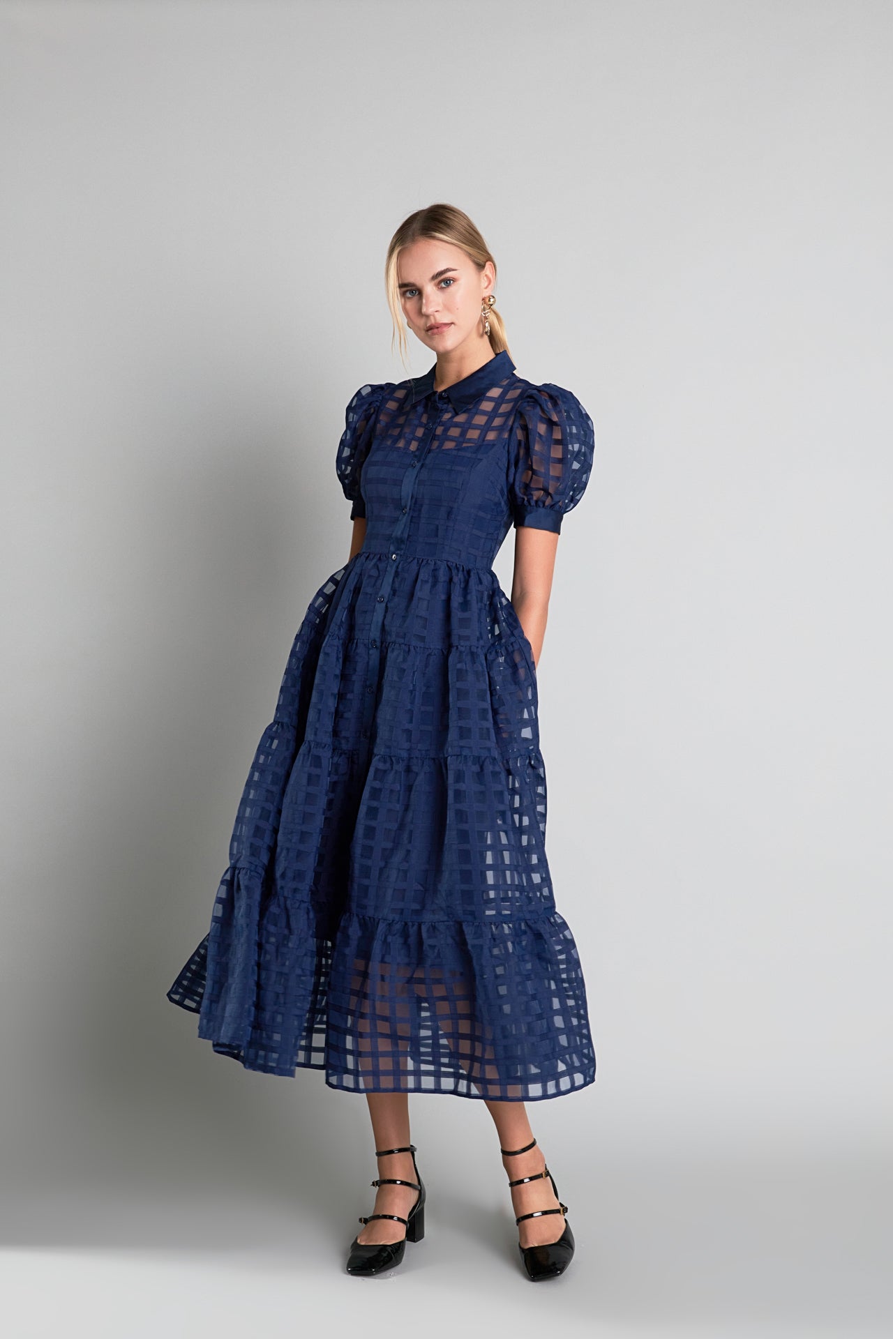 Gridded Organza Tiered Maxi Dress