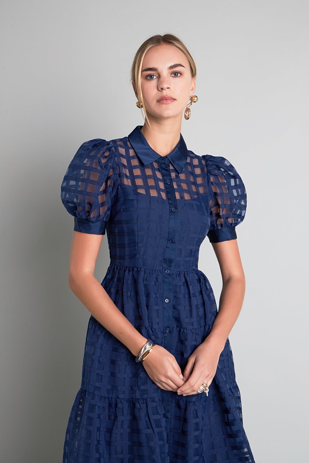 Gridded Organza Tiered Maxi Dress