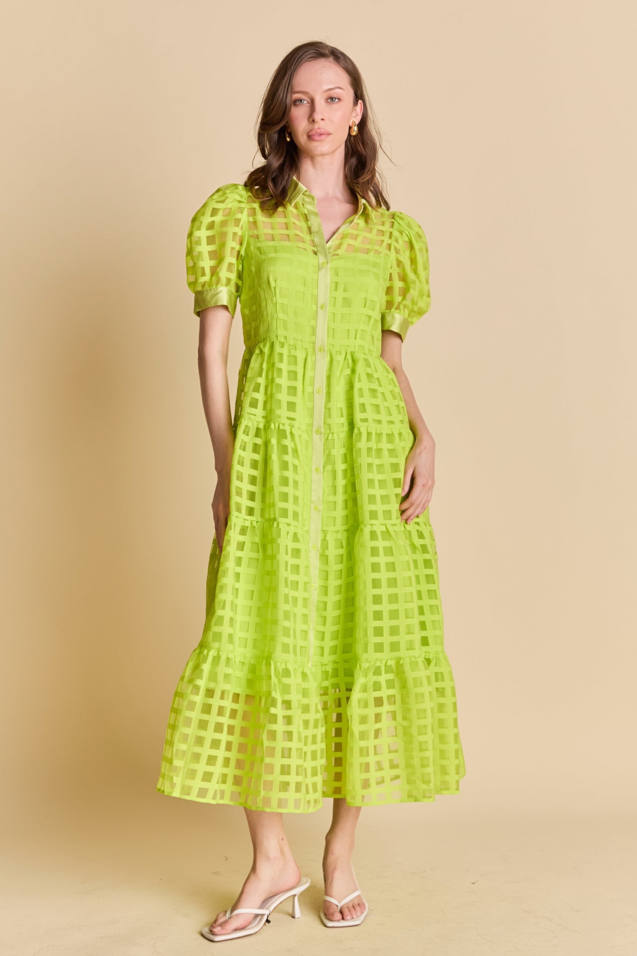 Gridded Organza Tiered Maxi Dress
