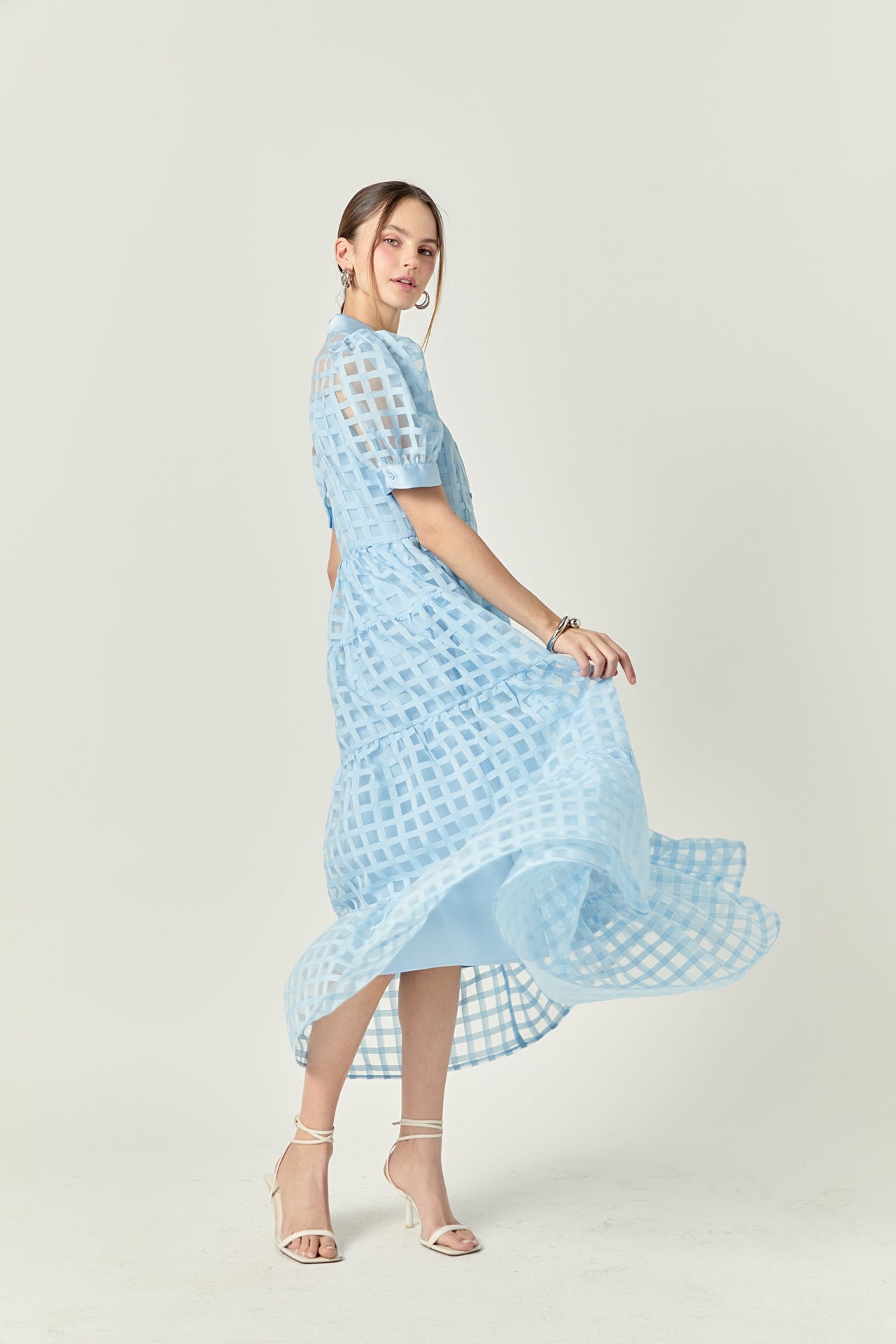 Gridded Organza Tiered Maxi Dress