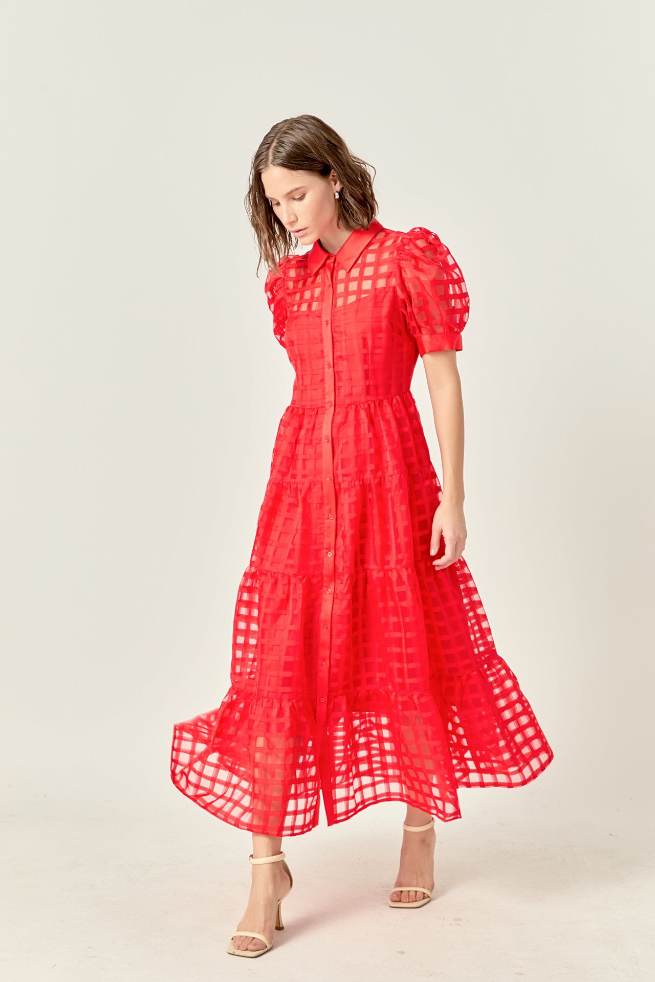 Gridded Organza Tiered Maxi Dress