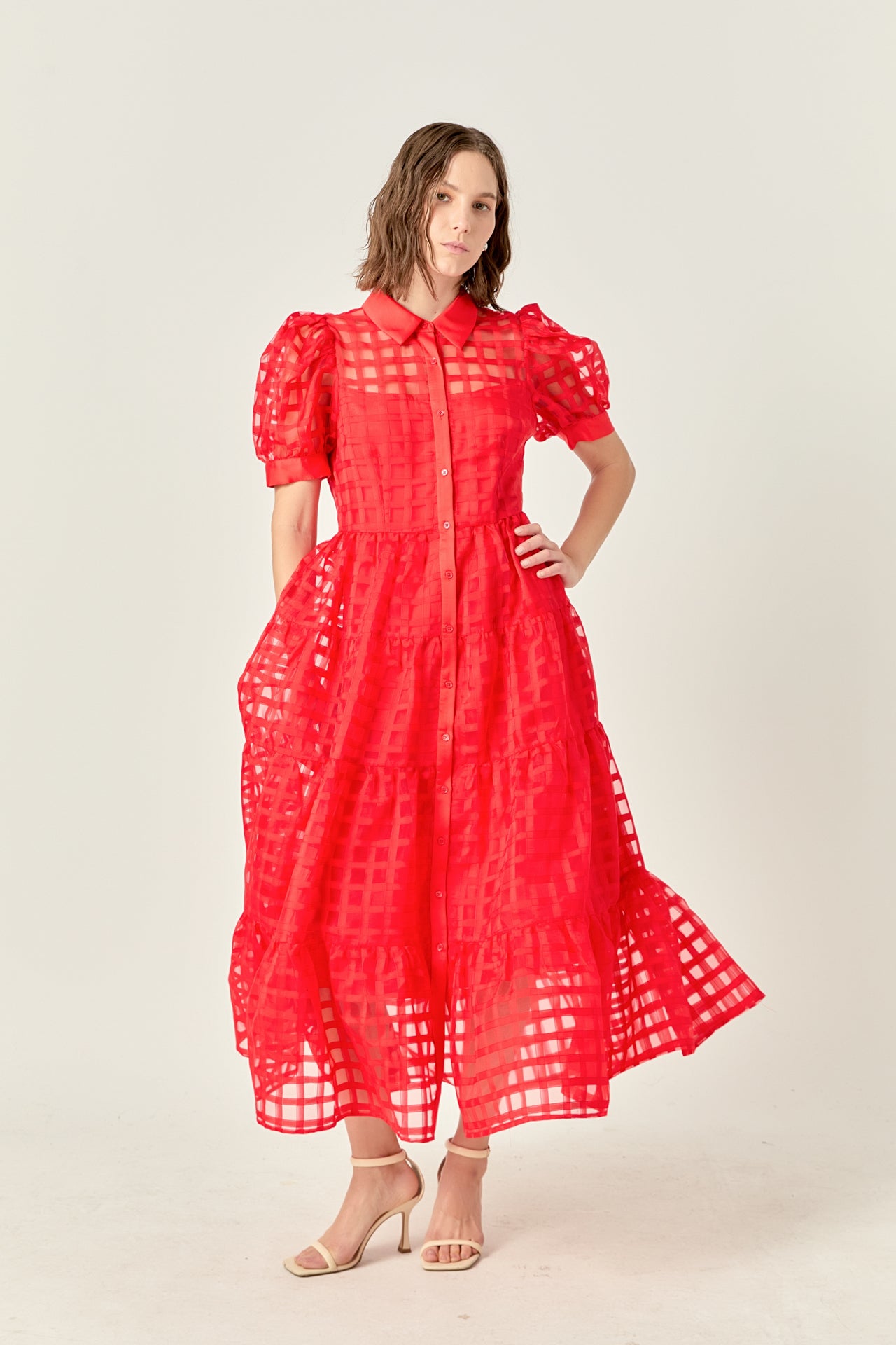 Gridded Organza Tiered Maxi Dress