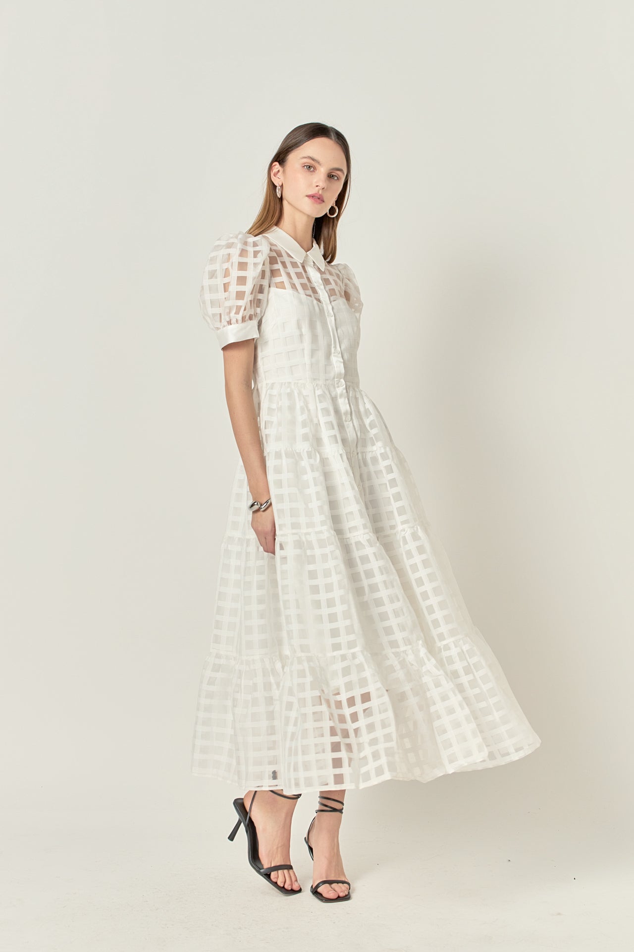 Gridded Organza Tiered Maxi Dress