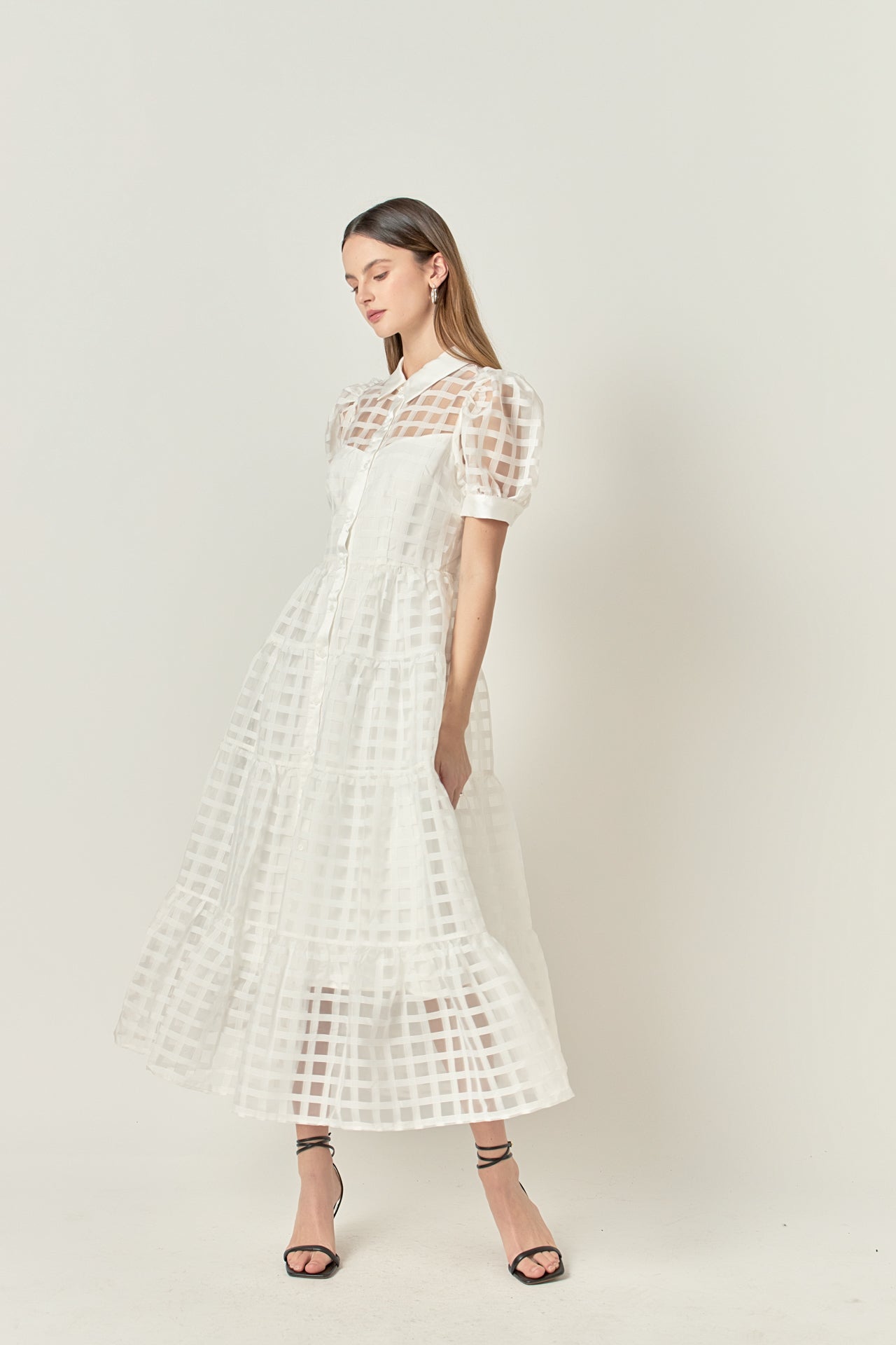 Gridded Organza Tiered Maxi Dress