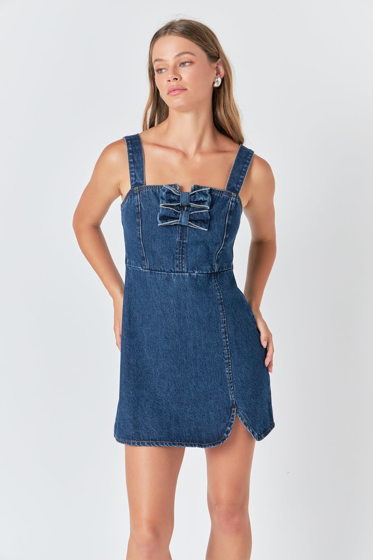 ENDLESS ROSE - Bow Trim Denim Mini Dress - DRESSES available at Objectrare