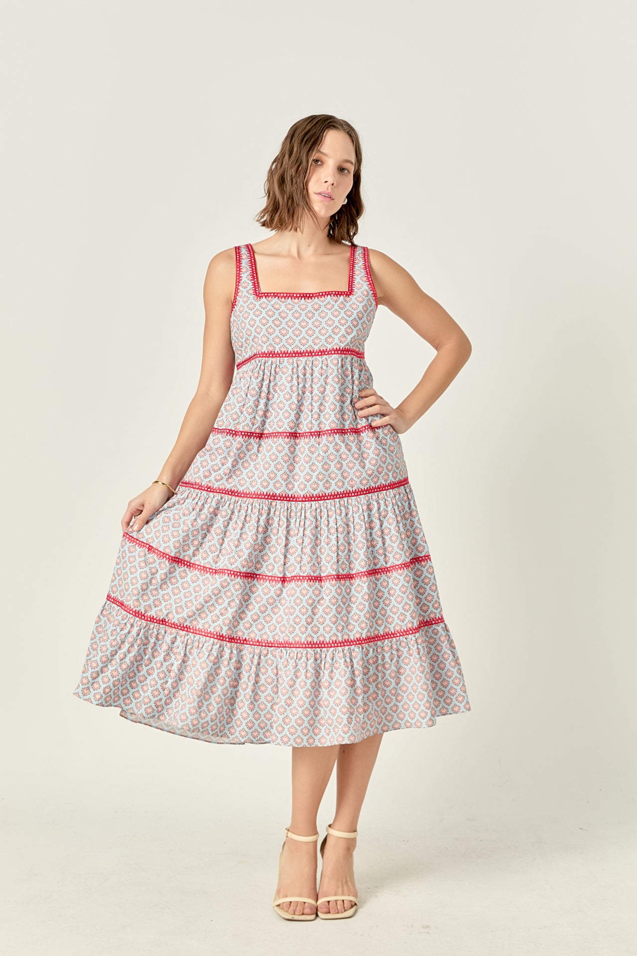 Embroidered Print Midi Dress