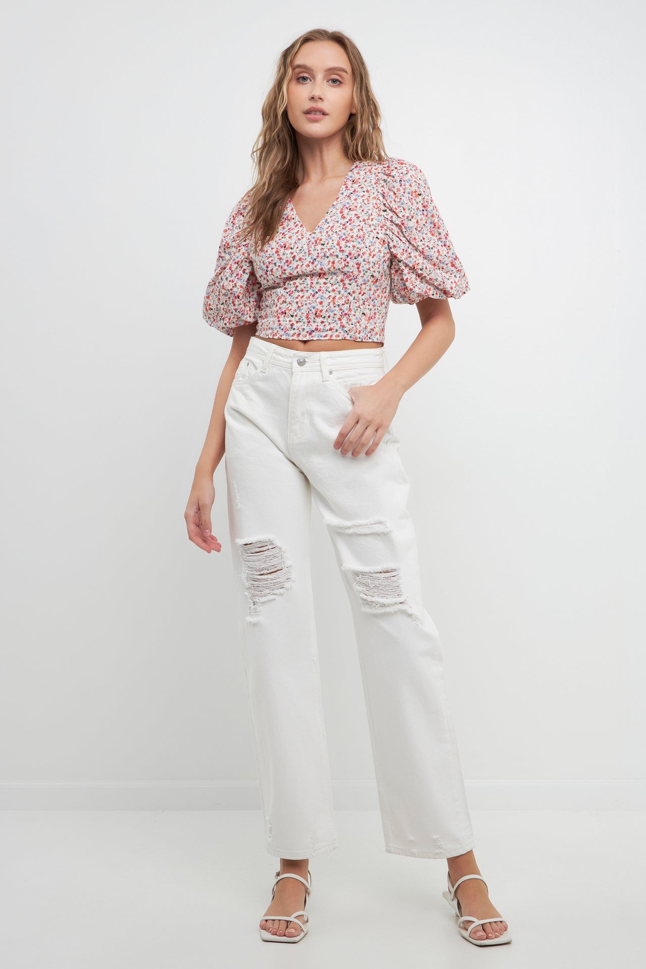FREE THE ROSES - Embroidered Floral Mixed Puff Sleeve Top - TOPS available at Objectrare