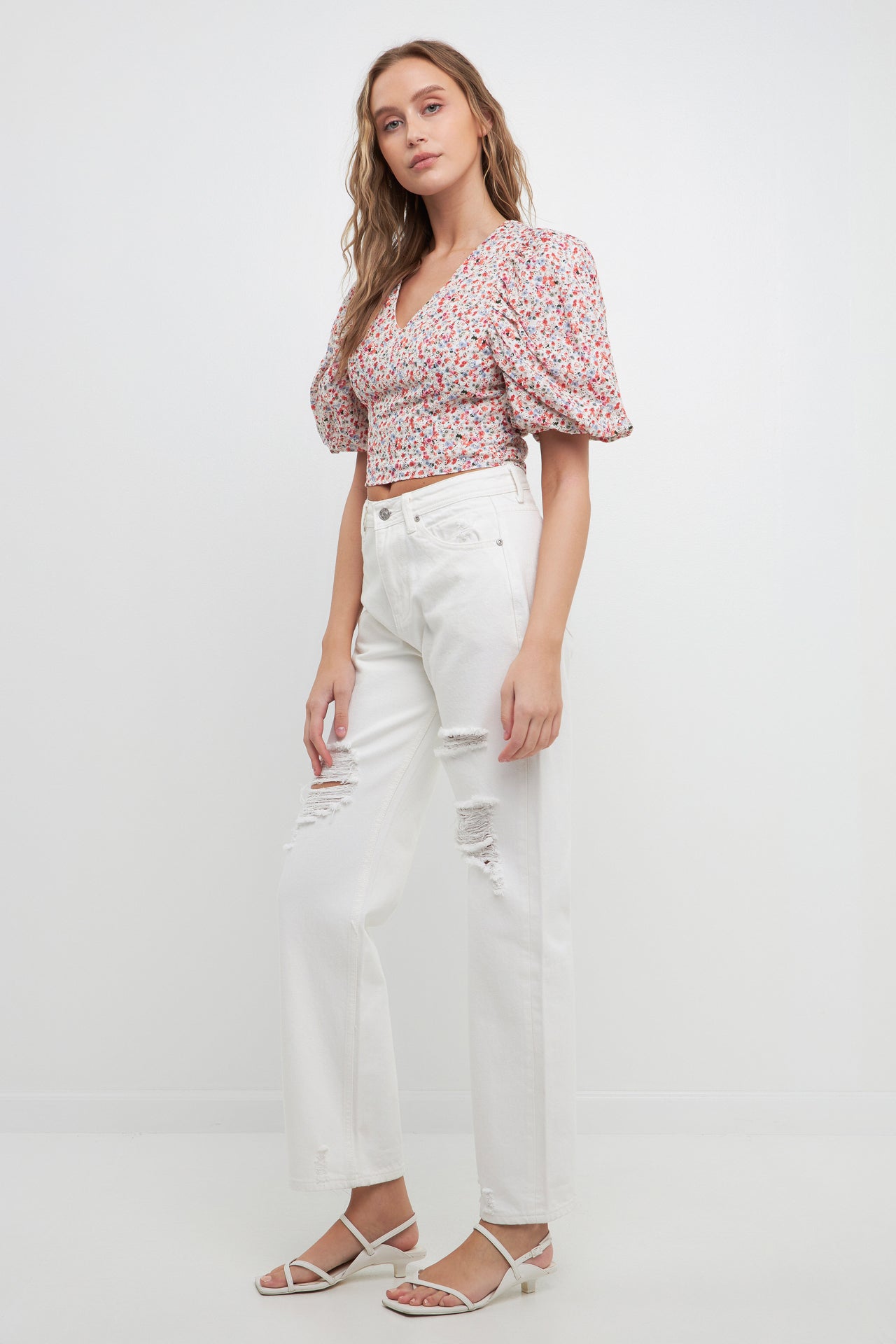 FREE THE ROSES - Embroidered Floral Mixed Puff Sleeve Top - TOPS available at Objectrare