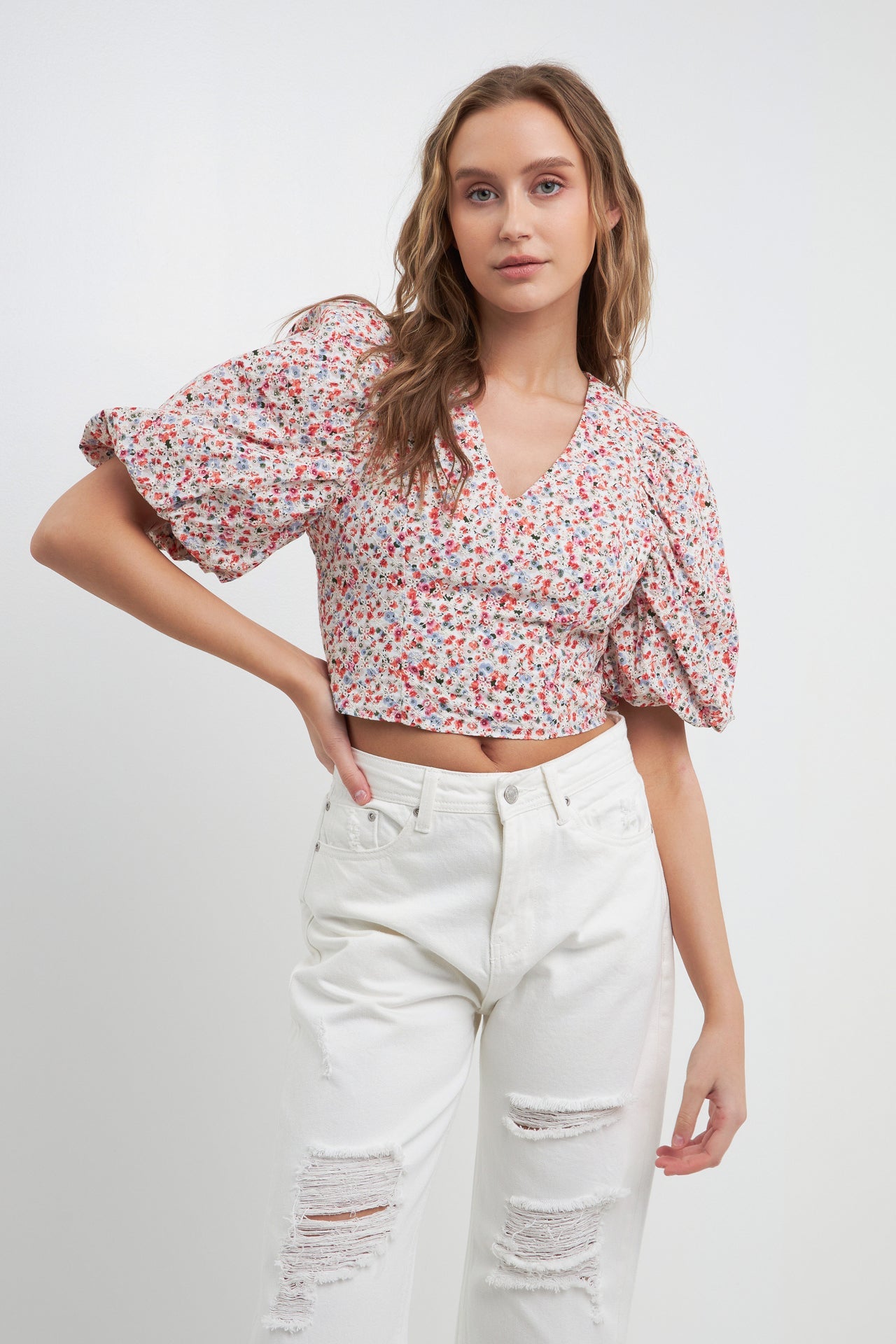 FREE THE ROSES - Embroidered Floral Mixed Puff Sleeve Top - TOPS available at Objectrare