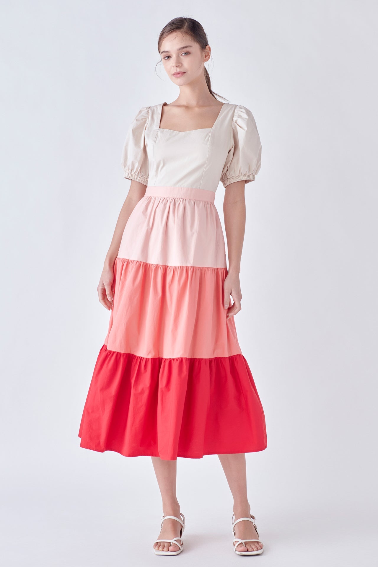 ENGLISH FACTORY - SPO Color Block Puff Sleeve Tiered Midi Dress - DRESSES available at Objectrare