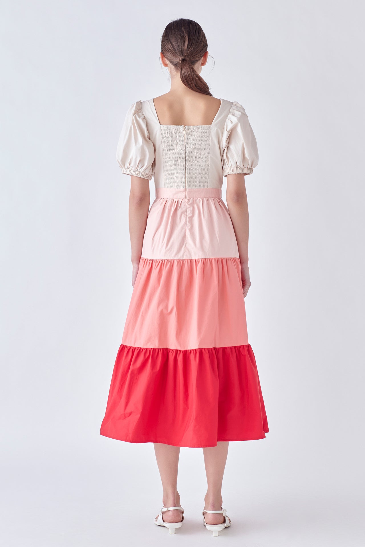 ENGLISH FACTORY - SPO Color Block Puff Sleeve Tiered Midi Dress - DRESSES available at Objectrare