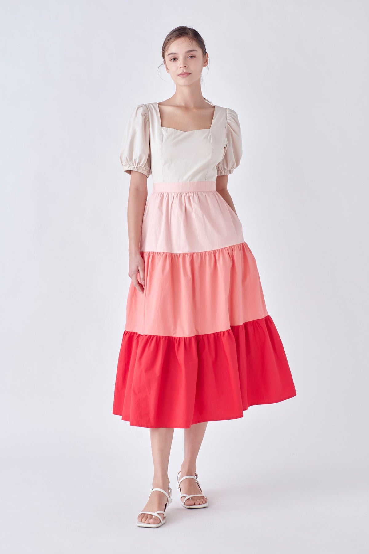ENGLISH FACTORY - SPO Color Block Puff Sleeve Tiered Midi Dress - DRESSES available at Objectrare