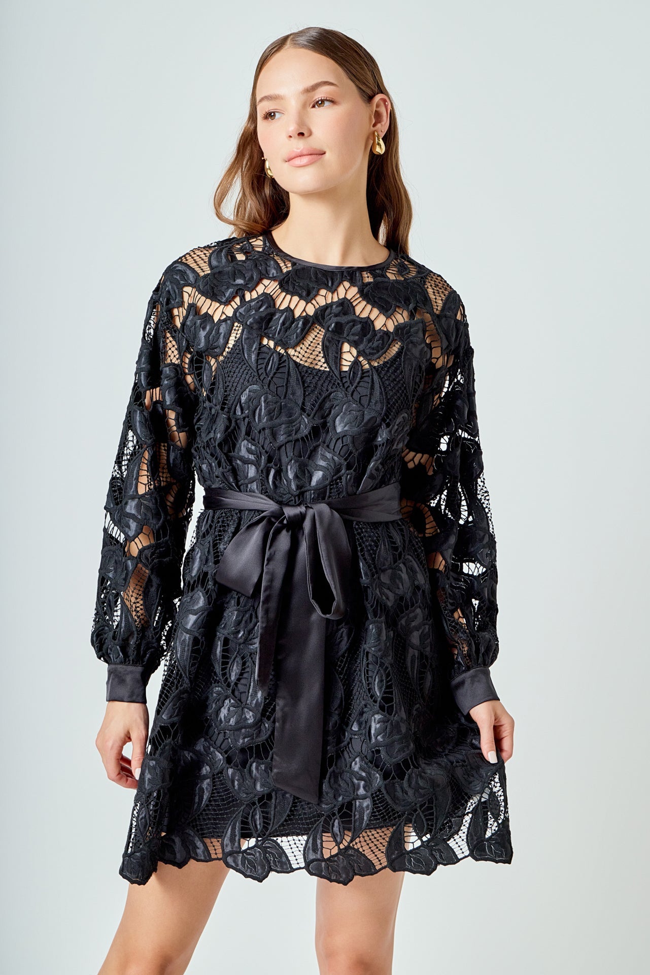 ENDLESS ROSE - Lace Long Sleeve Mini Dress - DRESSES available at Objectrare