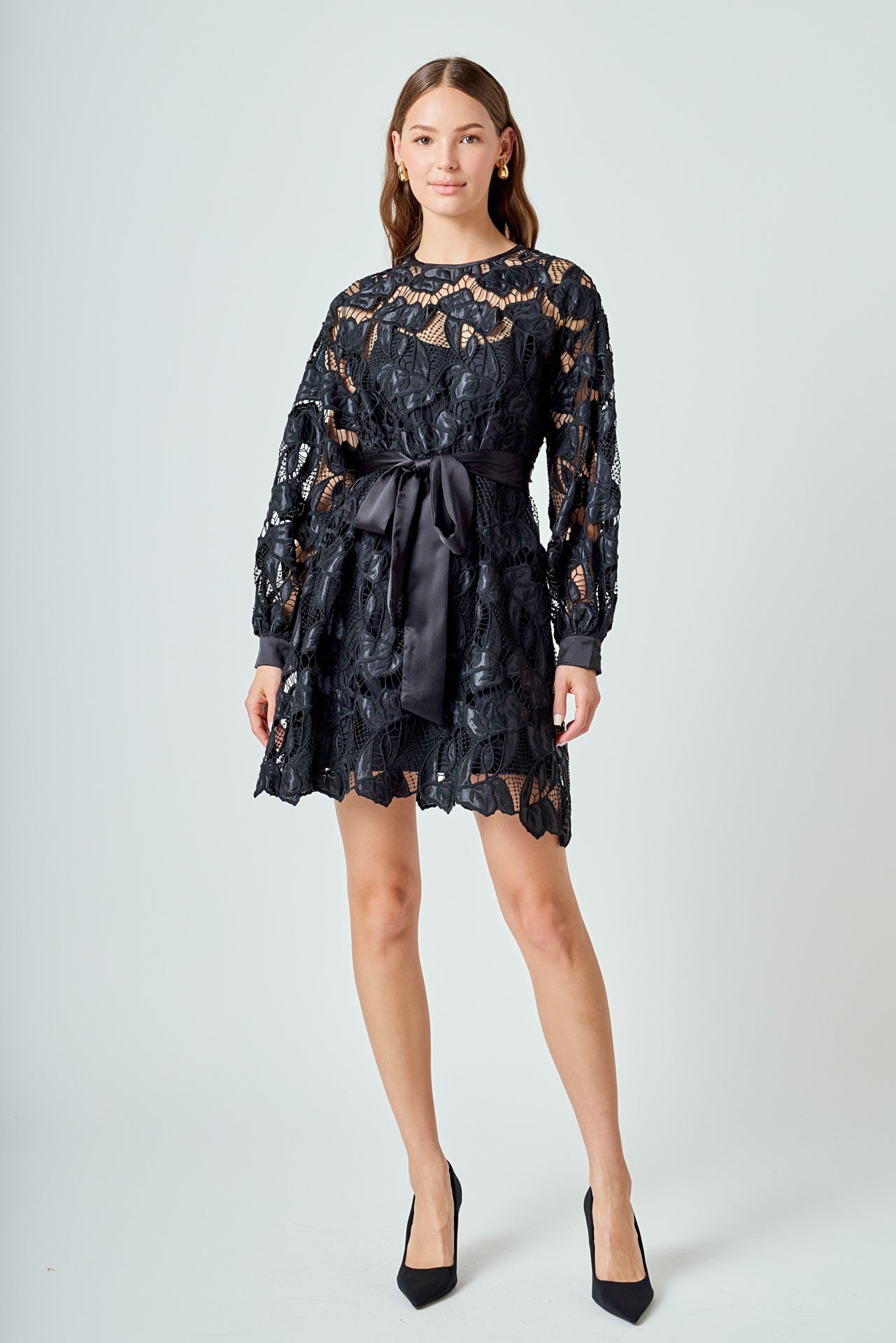ENDLESS ROSE - Lace Long Sleeve Mini Dress - DRESSES available at Objectrare